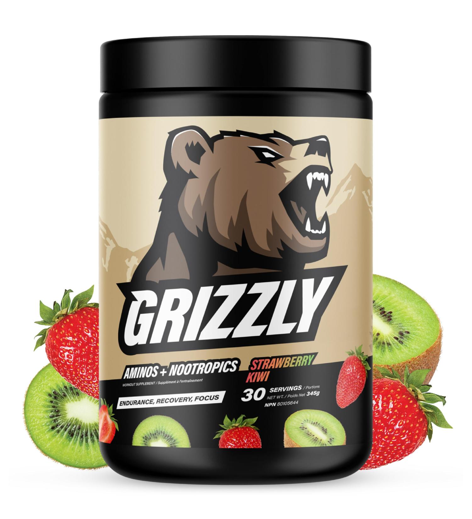 GRIZZLY AMINOS & NOOTROPICS STRAWBERRY KIWI Endurance Recovery Focus EAA Amino Acids Tyrosine - Buy Online on GoSupps.com