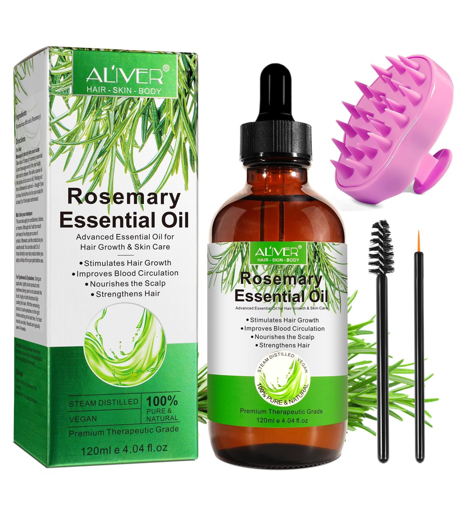Organic Rosemary Oil for Hair Growth | 4.04 Fl Oz with Scalp Massager | Pure Essential Oil for Eyelashes Eyebrows & Skin Care - Buy Online on GoSupps.com