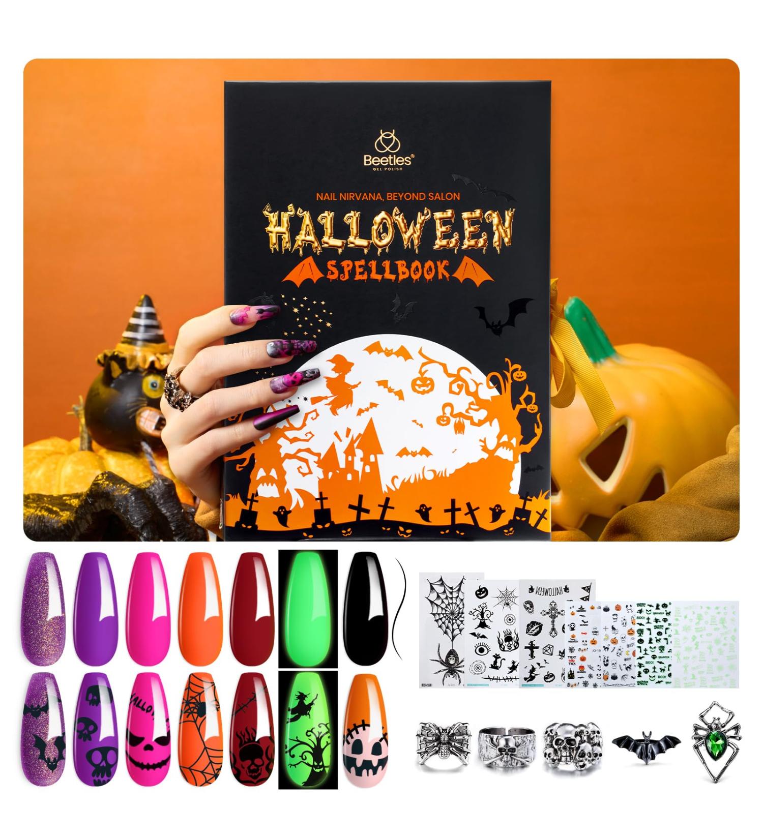 Beetles Halloween Gel Nail Polish Set - 6 Colors Witches Spellbook Collection with Stickers & Rings | Shimmer Pink Purple & Orange for Parties & Gifts - Buy Online on GoSupps.com