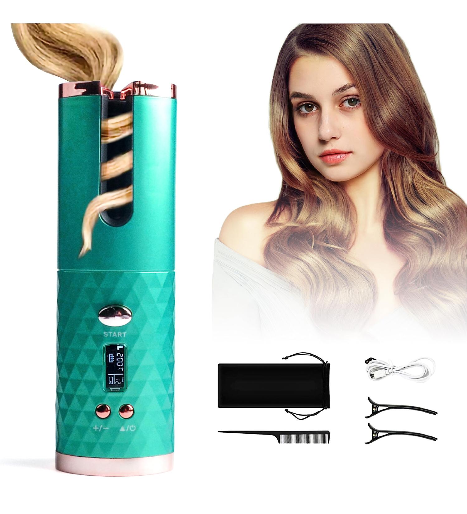 Automatic Cordless Curling Iron | 6 Heat Settings Timers & Fast Heating | Rechargeable Green Hair Curler - Buy Online on GoSupps.com