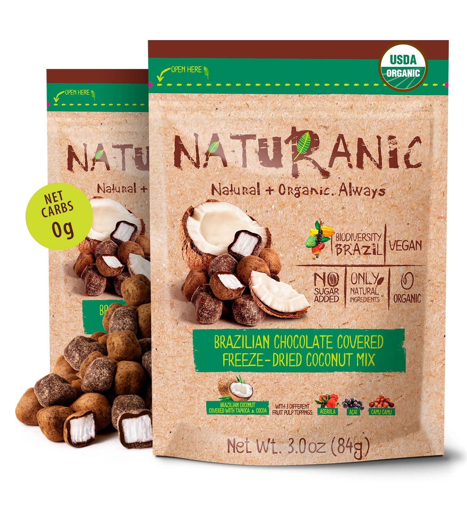 Naturanic Chocolate Covered Coconut Mix 3.5 oz (Pack of 2) - Keto Snacks | Zero Carbs, Zero Sugar Dark Chocolate | Organic, Vegan, Gluten-Free, Non-GMO - Unbeatable Taste - Buy Online on GoSupps.com