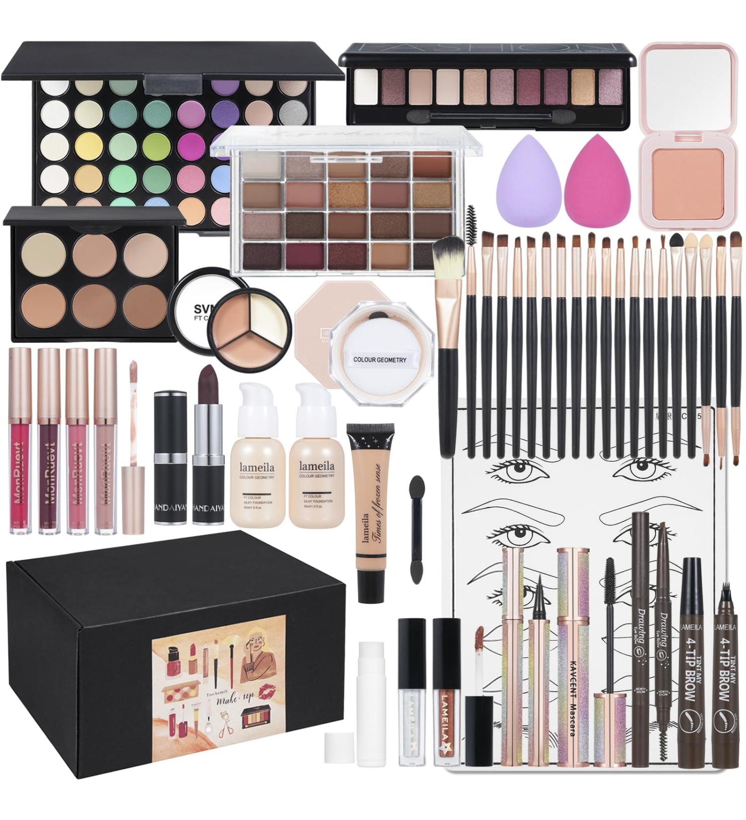 All-in-One Makeup Kit for Women | Full Multipurpose Makeup Set with Eyeshadow Liquid Foundation Loose Powder Eyebrow Pencil & 4-Color Lip Gloss - International Shipping Available - Buy Online on GoSupps.com