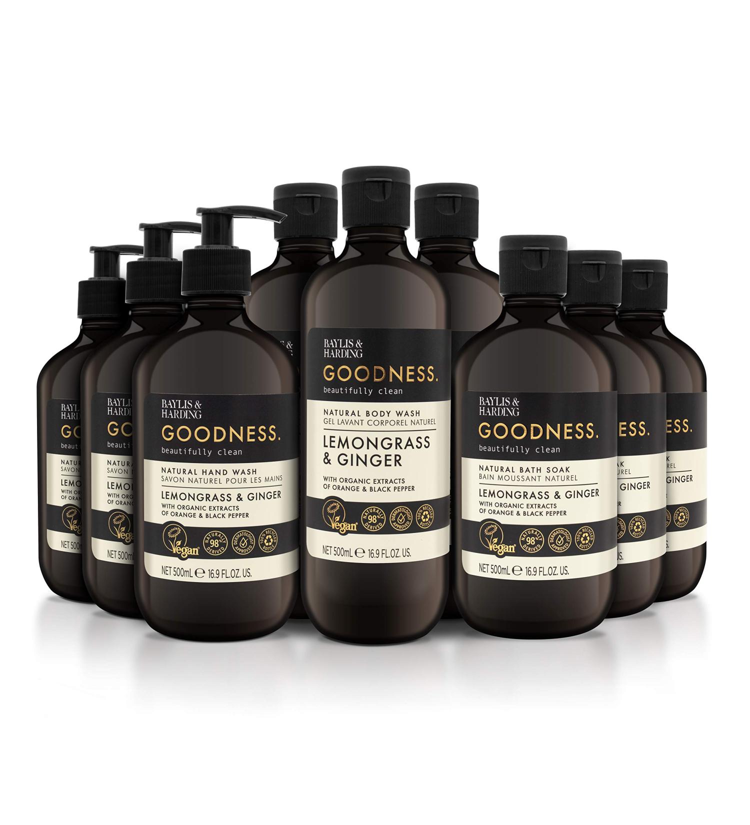 Baylis & Harding Goodness Lemongrass & Ginger Toiletries Bundle - 9 x 500ml Vegan-Friendly Hand Wash, Body Wash & Bath Soak Set - Buy Online on GoSupps.com