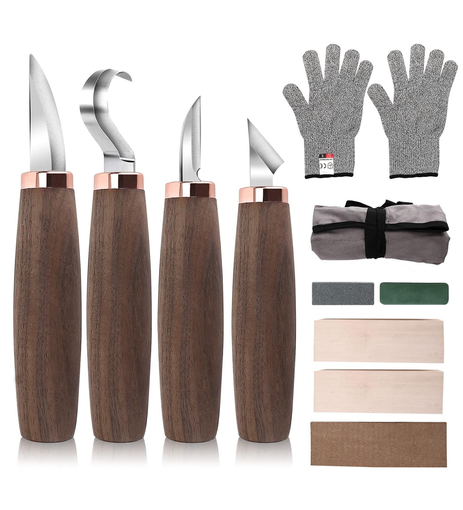 11PCS Wood Carving Tools Kit with Black Walnut Handle Knife, Whittling Knife, Hook Knife, Sharpening Stone, Gloves - Ideal for Beginners - Buy Online on GoSupps.com