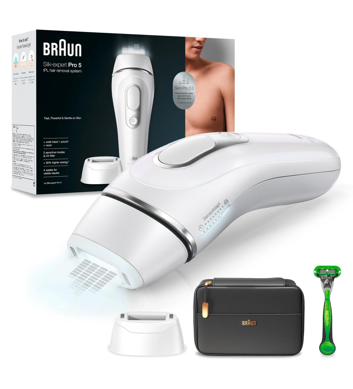Braun IPL Silk Expert Pro 5 hair removal device men 2 attachments visible hair removal designed in Germany Gillette body razor alternative to laser hair removal PL5145 white/silver PL5145 female/silver
