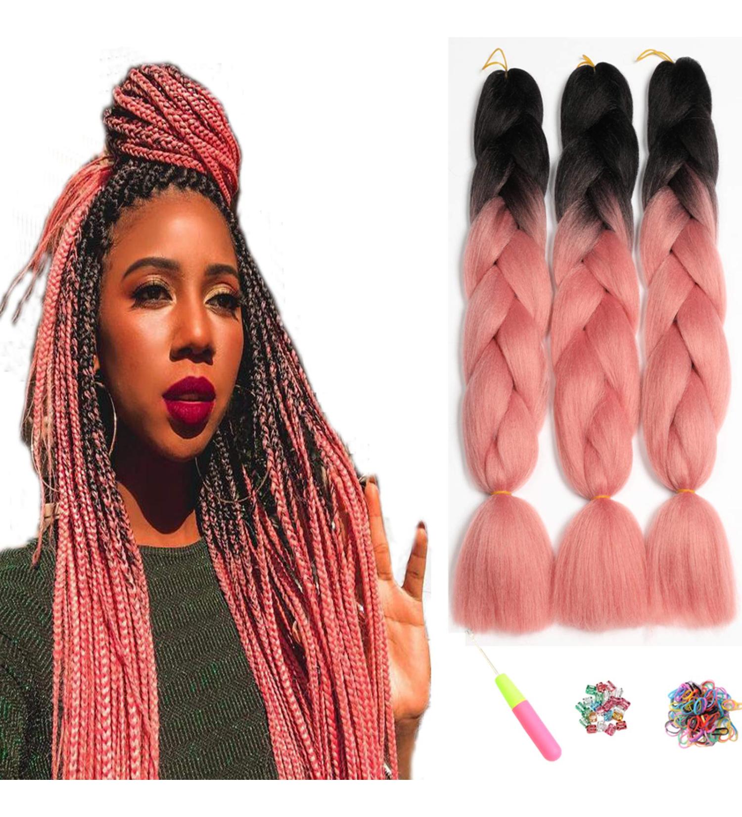 Showjarlly Kanecalon Hair Extensions - Ombre Jumbo Braid 24 inch Black/Pink - Premium Kunsthaar Braids for Stylish Looks - Buy Online on GoSupps.com