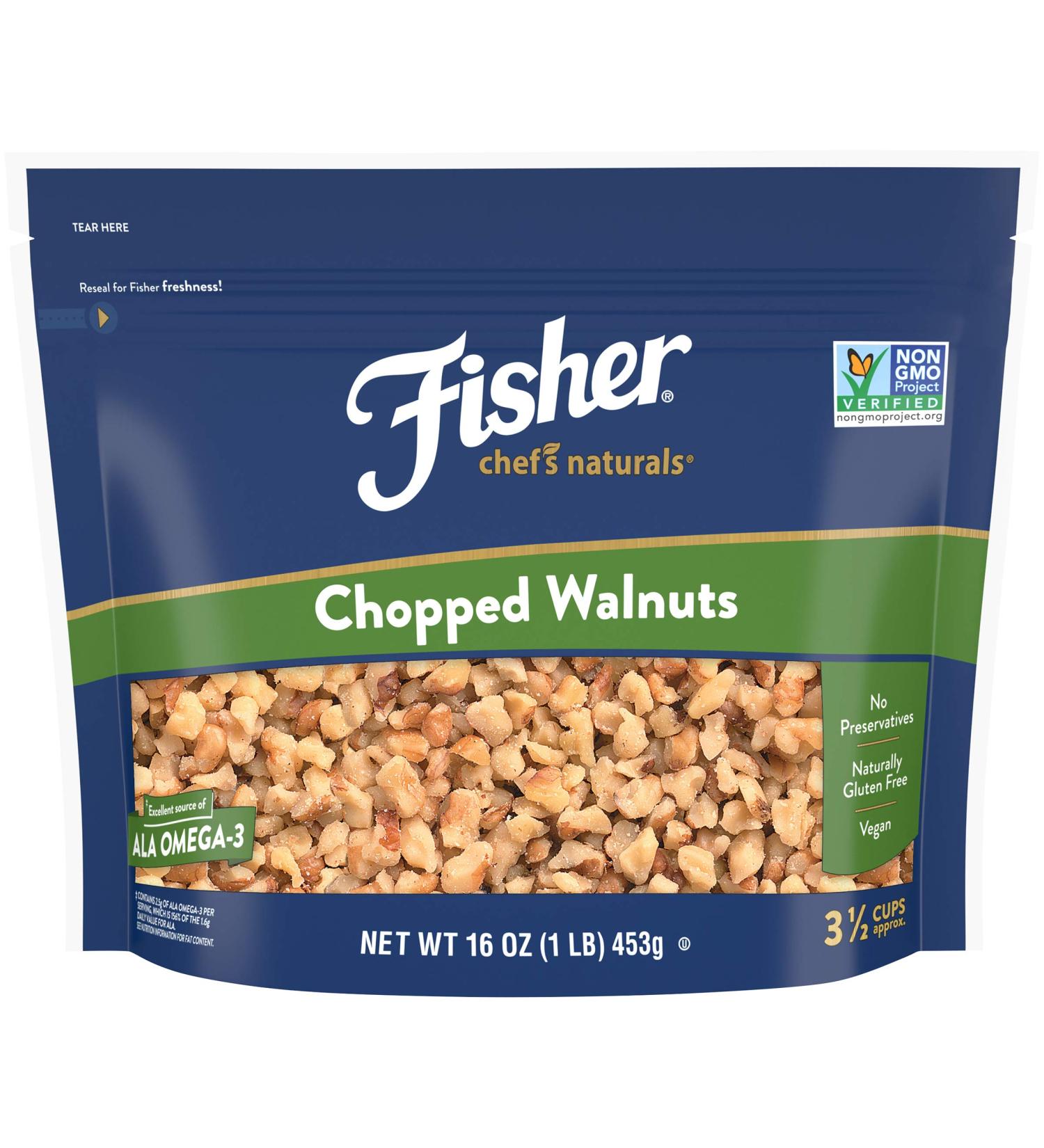 Fisher Chopped Walnuts 16 oz - California Grown, Unsalted, Gluten-Free, Non-GMO - Buy Online on GoSupps.com