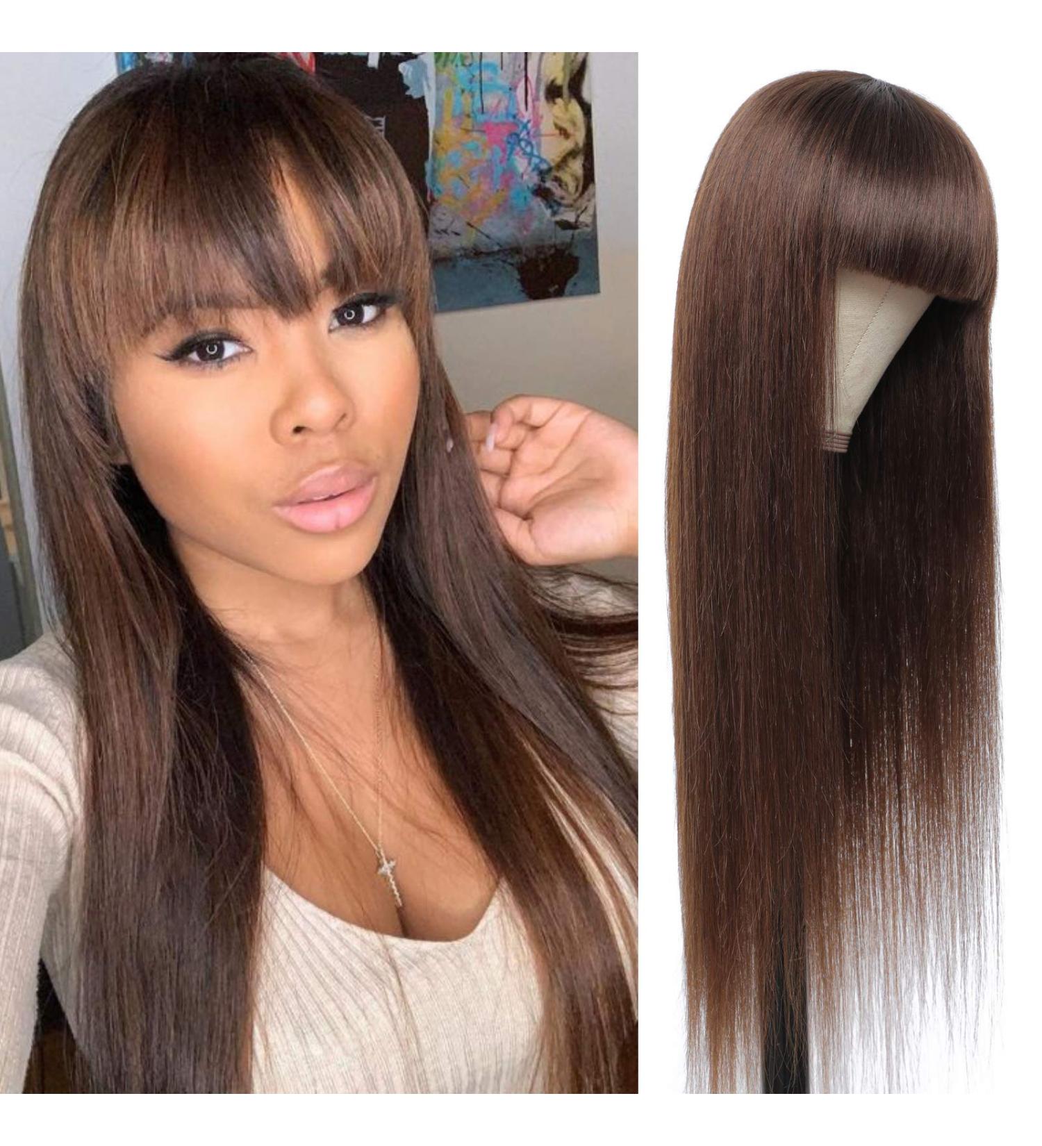 Brazilian Straight Brown Human Hair Wig with Bangs for Black Women - 18 Inch Medium Brown Non-Lace Glueless Wig - Buy Online on GoSupps.com