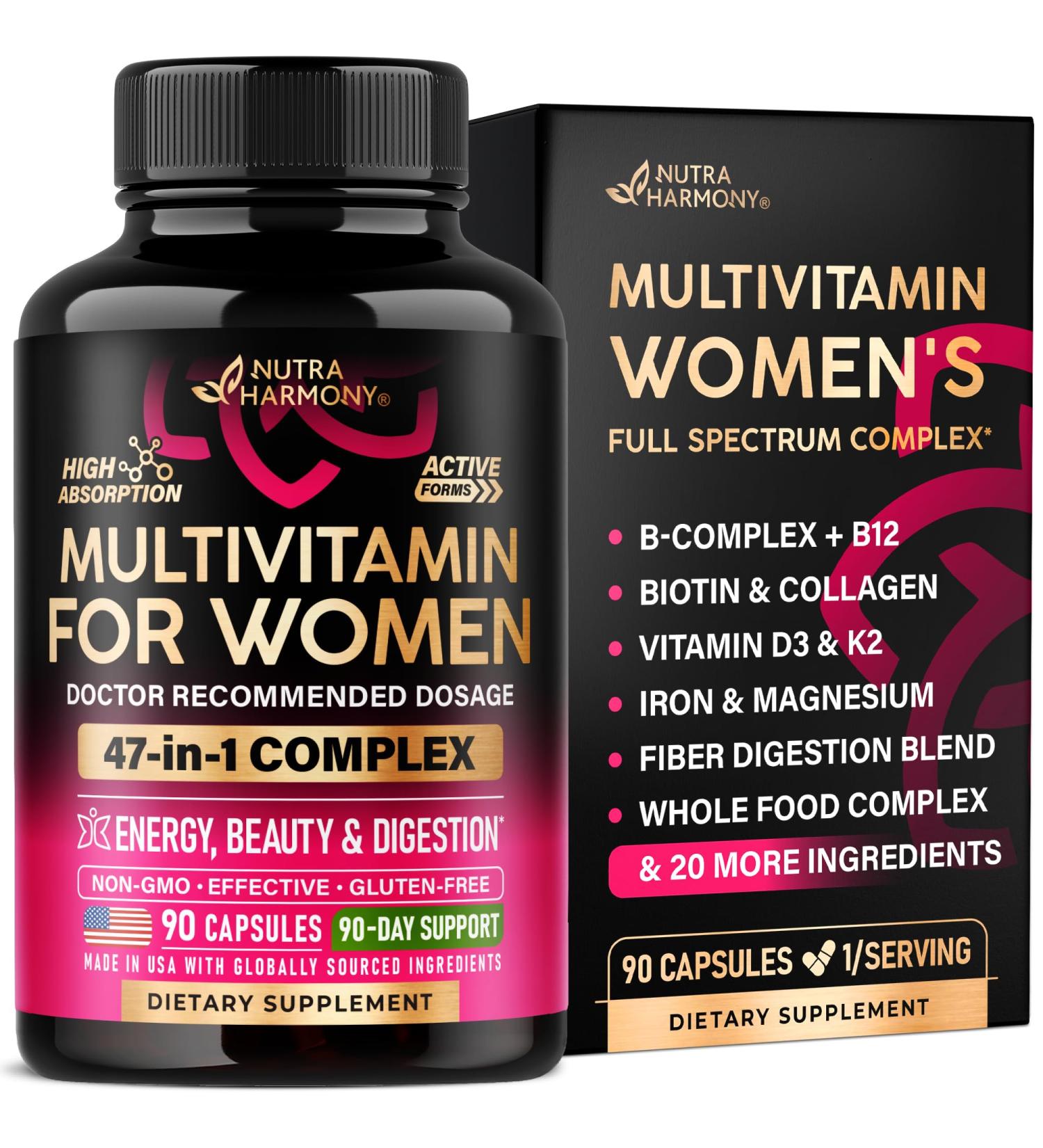 Multivitamin for Women - B-Complex | Whole Foods | Hair Growth Support | Digestion & Metabolism | Iron - 47in1 Womens Multivitamin - Bioavailable & Gentle on Stomach - Made in USA - 90 Capsules - Buy Online on GoSupps.com