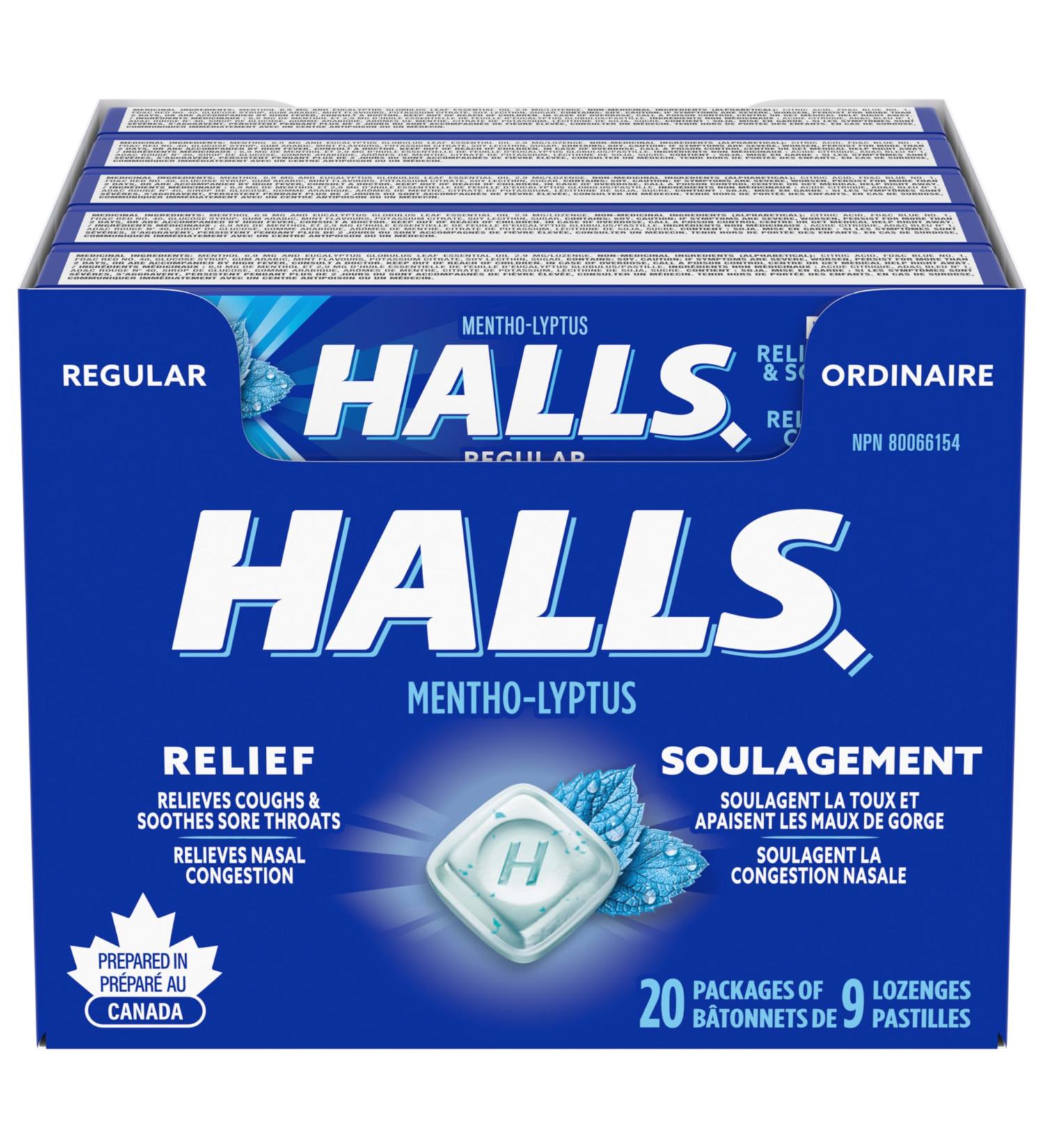 HALLS Regular Cough Drops Throat Lozenges Sore Throat Relief Mentho-Lyptus 9 Lozenges Cough Drops Regular 9 Count (Pack of 20) - Buy Online on GoSupps.com