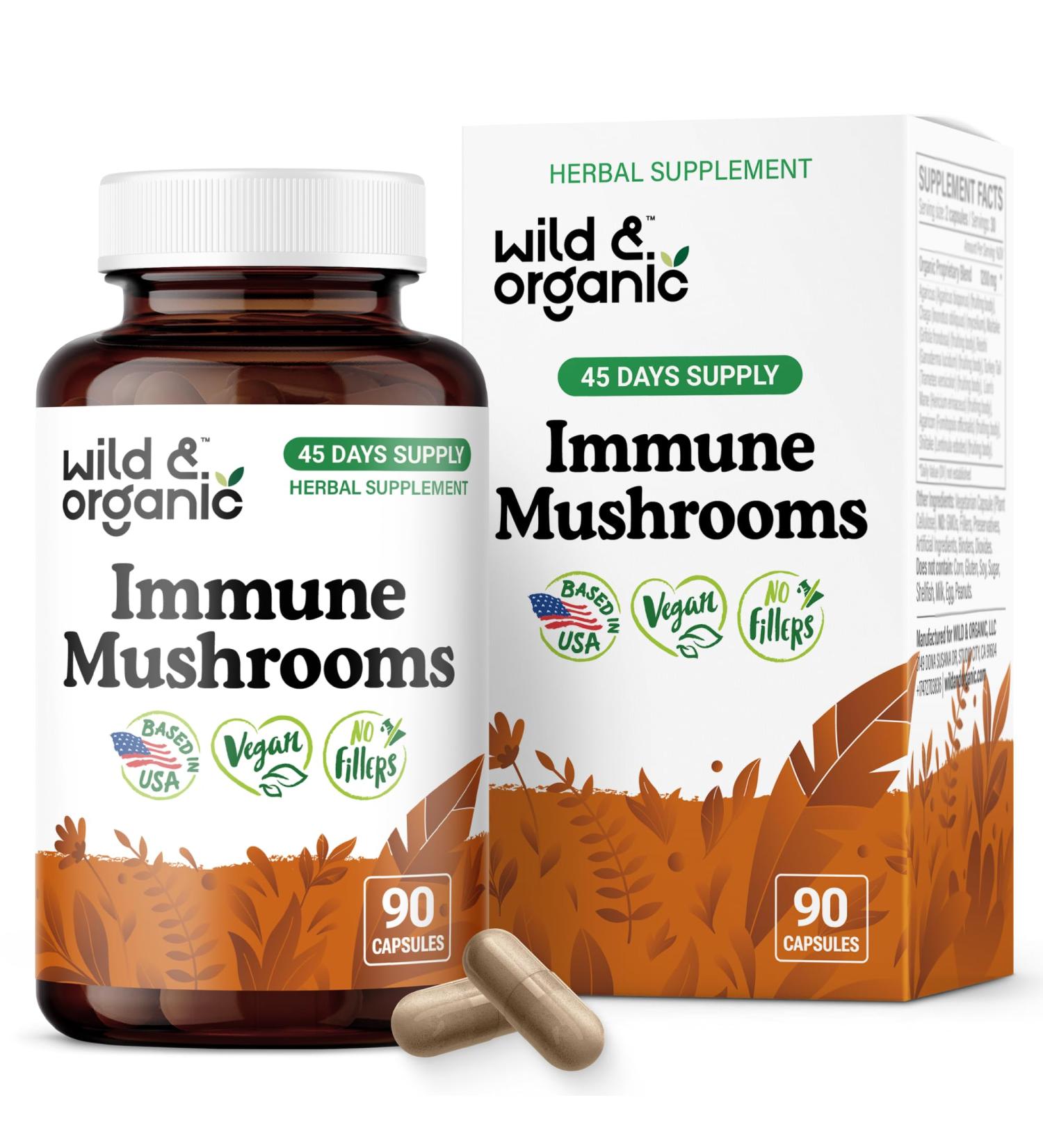 Wild & Organic Immune Mushroom Complex Capsules - 8 Mushroom Blend Supplements for Immunity Support with Turkey Tail Chaga & Reishi Powder - 45 Days Supply - Vegan No Fillers Non-GMO - 90 Count 90 Count (Pack of 1) - Buy Online on GoSupps.com