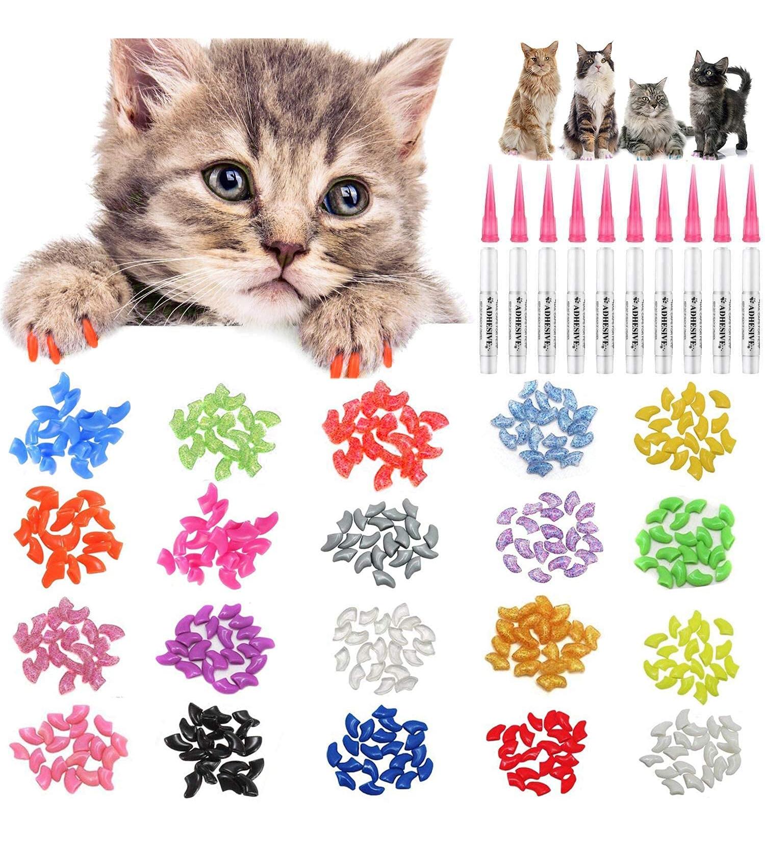 Joyjuly 100Pcs Cat Nail Caps Soft Paw Covers in 5 Colors with Glue Size M - International Shipping - Buy Online on GoSupps.com