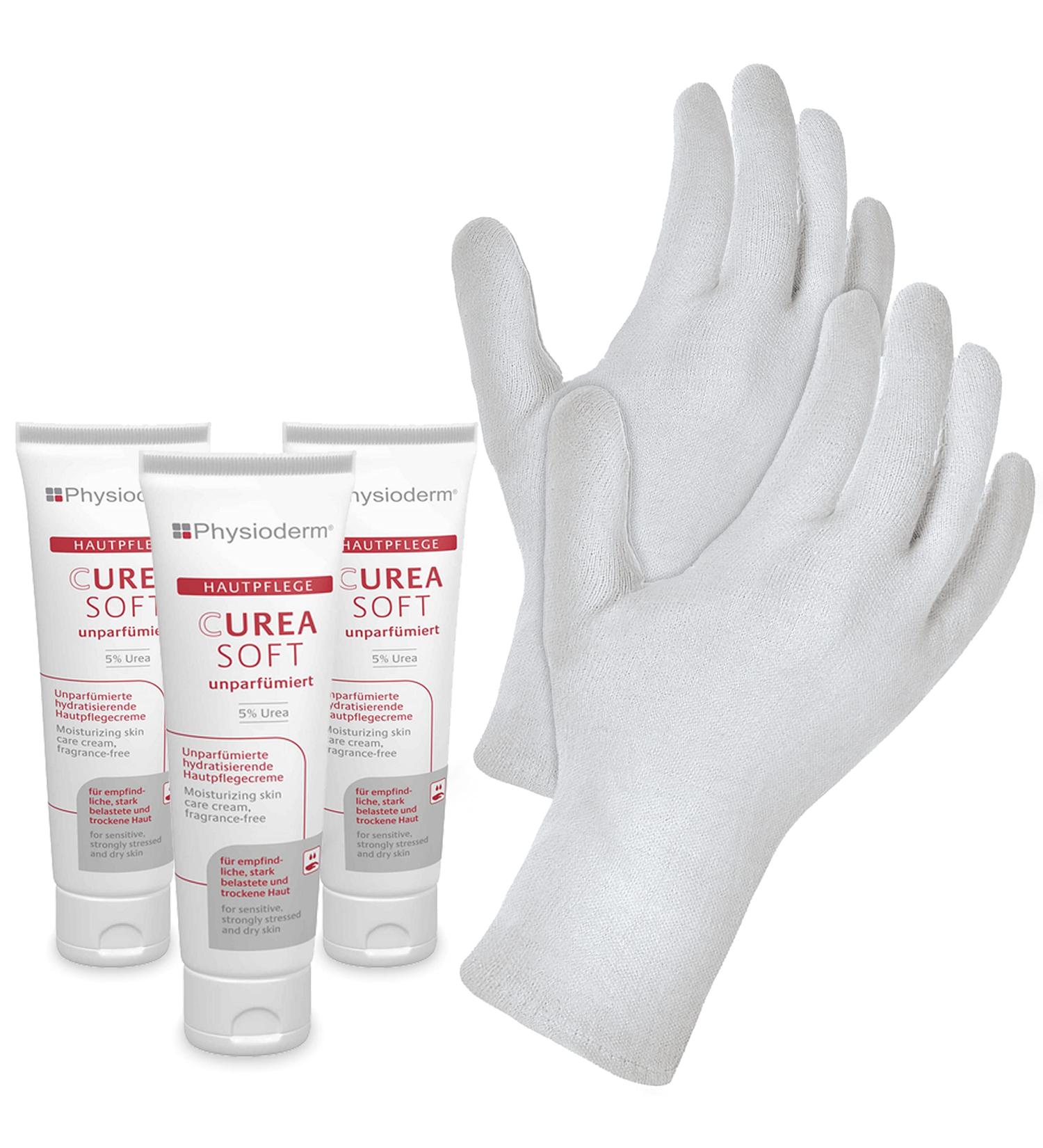 Hygiene VOS Skin Care Set - 3 x CUREA Soft Creams (300ml) for Sensitive Skin + Texxor Cotton Gloves for Nightly Application - Buy Online on GoSupps.com