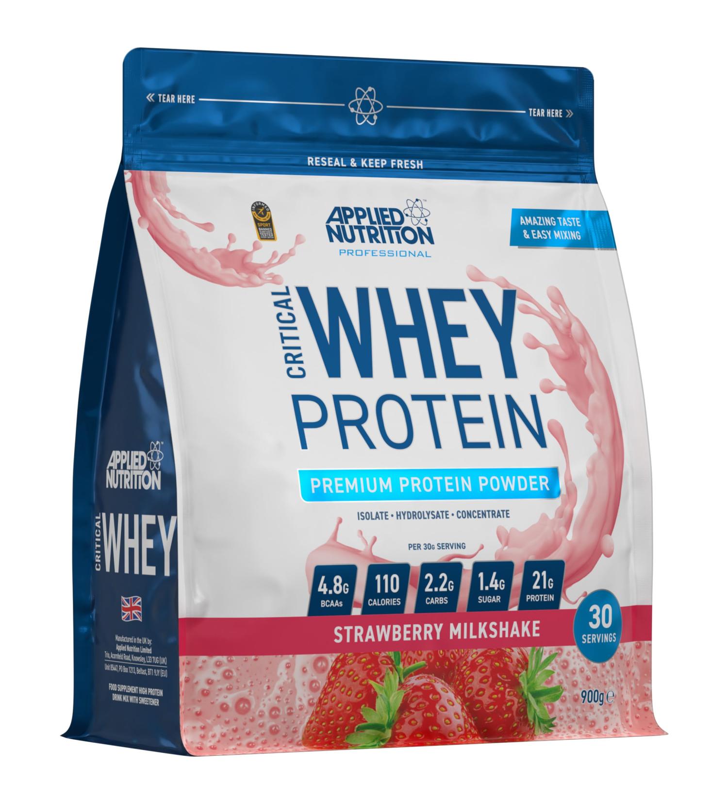 Applied Nutrition Critical Whey Protein Powder 900g - Strawberry Flavor | High Protein Milkshake Supplement with BCAAs & Glutamine | Muscle Building 30 Servings - Buy Online on GoSupps.com