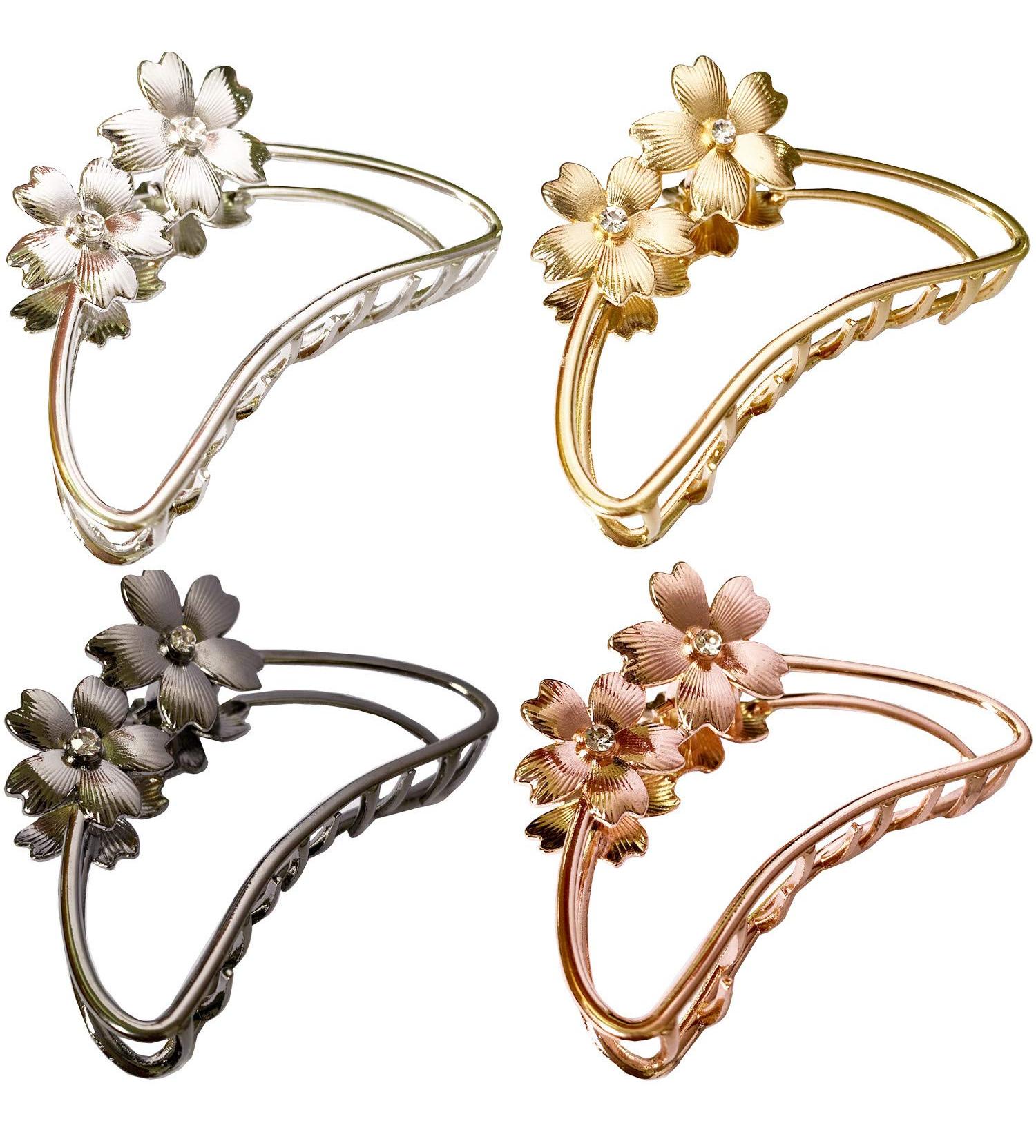 TANG SONG 4PCS Double Flower Shaped Metal Hair Claw Clips Set - Women's Hair Catch Barrette Jaw Clamp for Thick Hair (Silver, Gold, Rose Gold, Black) - Buy Online on GoSupps.com