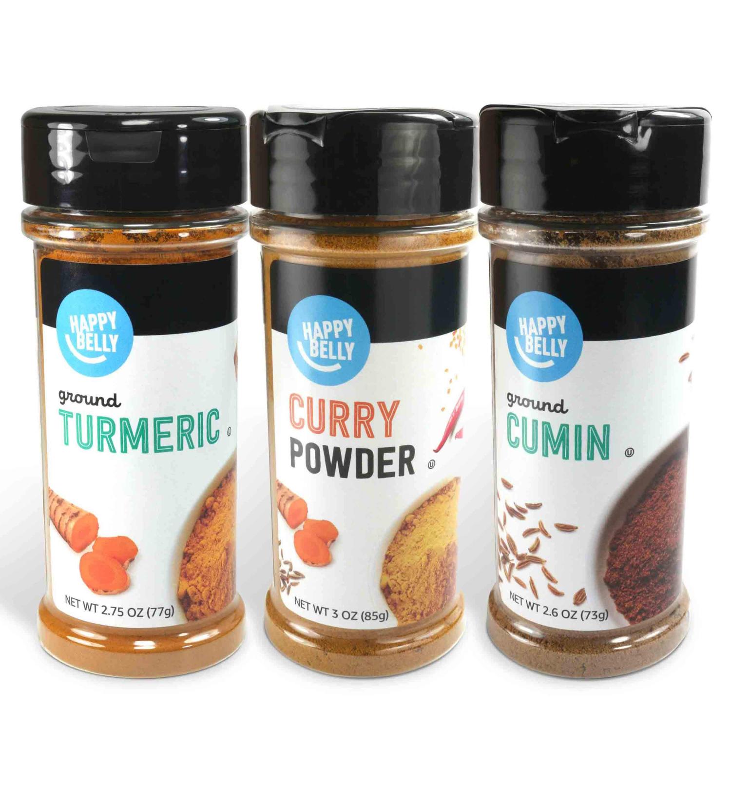 Amazon Brand - Happy Belly Indian Curry Spices Set: Curry Powder, Turmeric, Cumin