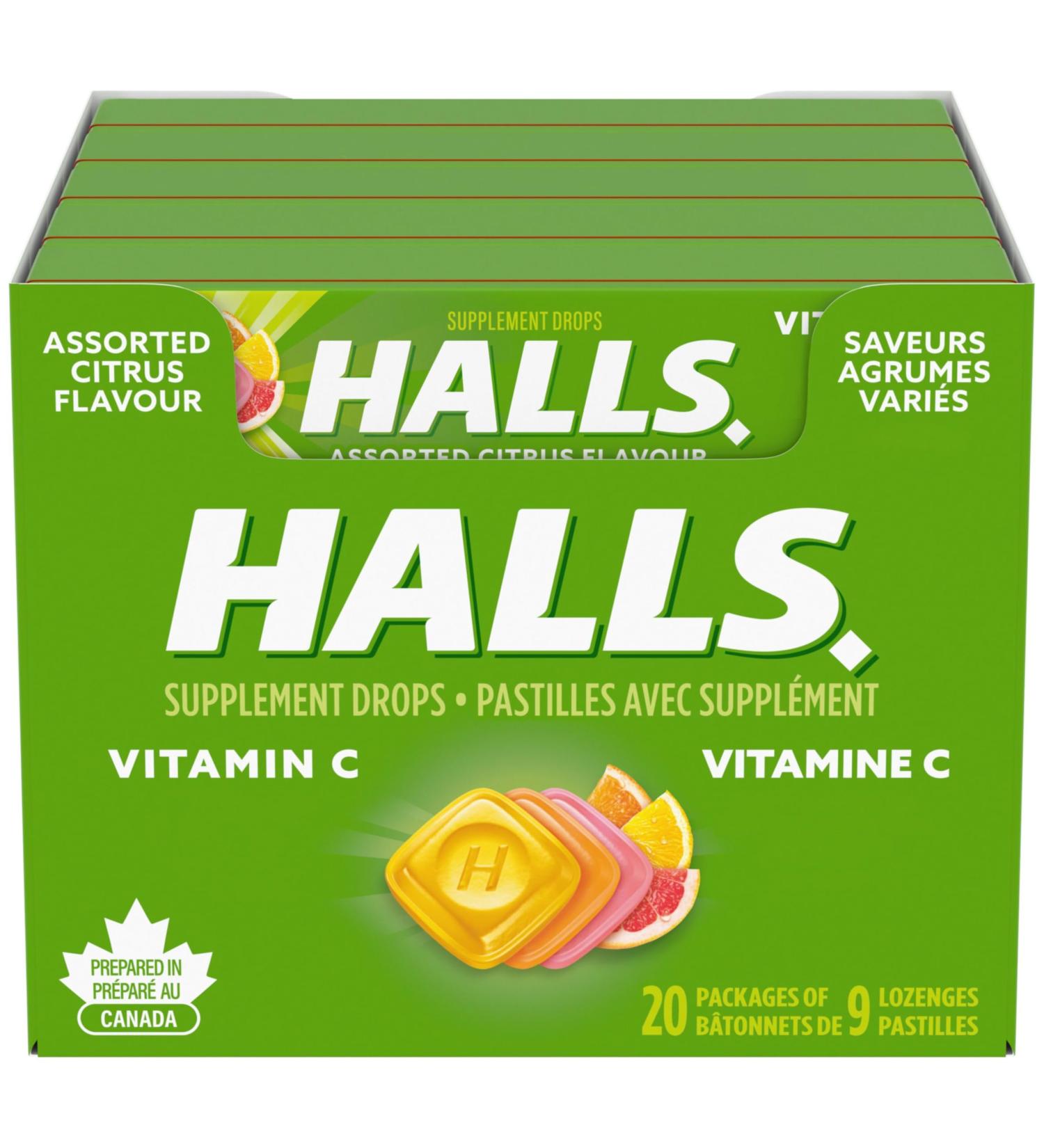 Halls Vitamin C Assorted Citrus Cough Drops 9 count 20 Packs Cough Drops Vitamin C 180 count (Pack of 1) - Buy Online on GoSupps.com