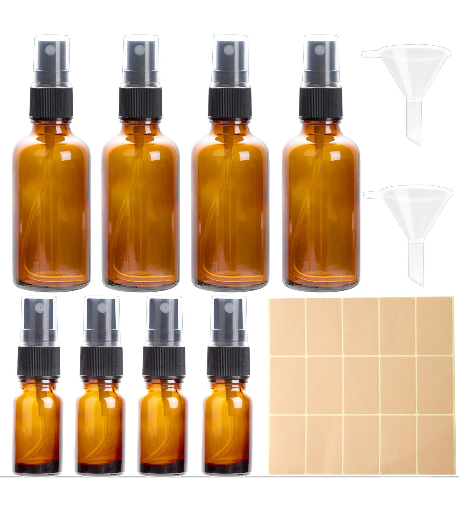 Nuts Ot Nuts Braunglas Spray Bottle Set - Glass 4x50ml & 4x10ml Atomizers with Funnel & Label Stickers | Fine Fog Spray for Essential Oils & Perfumes - Buy Online on GoSupps.com