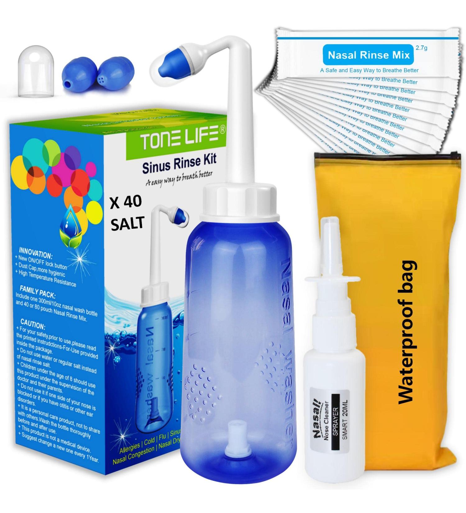 Nasal Douche Set | 40x Nose Rinsing Salt | Nasal Spray Bottle & Attachments for Adults & Kids | Effective Cold & Allergy Relief - Buy Online on GoSupps.com