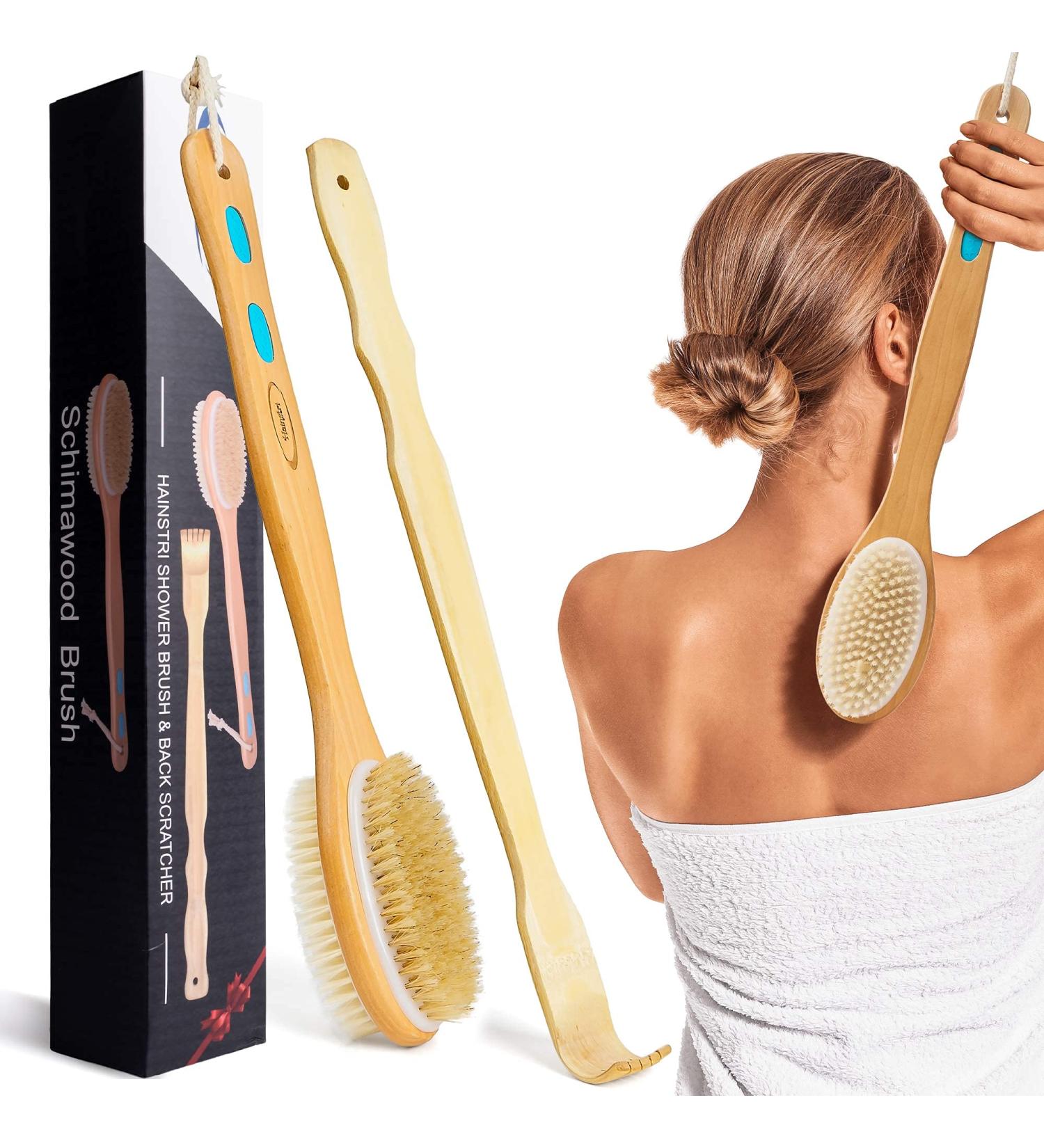 Hainstri Body Shower Brush & Bamboo Back Scratcher Set - Dual-Sided Brush for Men, Women, Kids - Wet or Dry Brushing - Anti-Slip Handle - Gift Wrapped - Buy Online on GoSupps.com