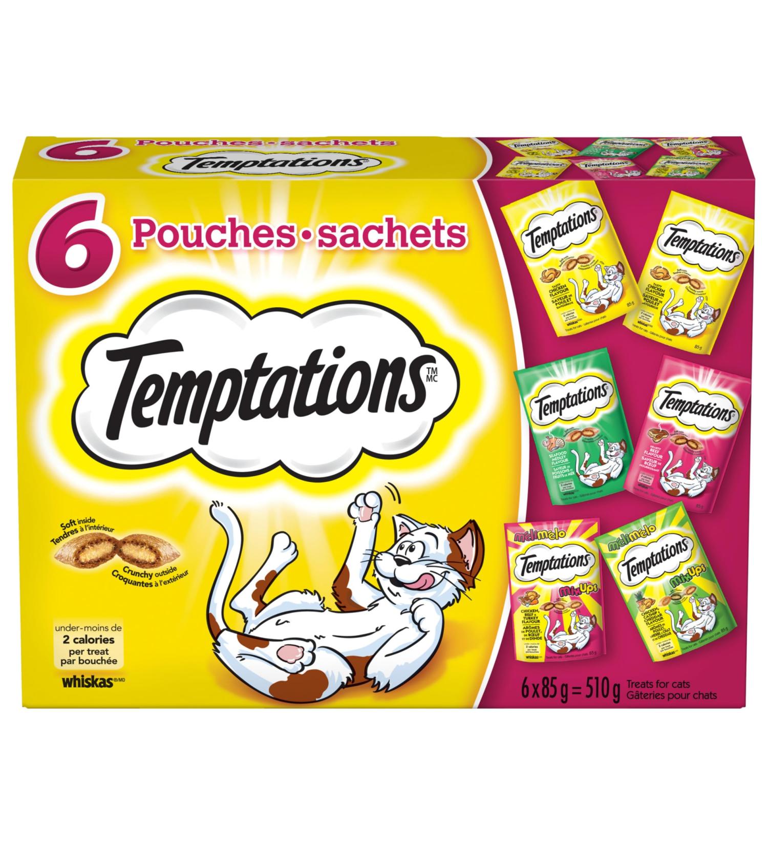 Temptations Adult Cat Treats Assorted Variety Pack 510g (6x85g Pack) 510 g (Pack of 1) Beef - Chicken - Seafood - Mix-ups Cat Treats - Buy Online on GoSupps.com