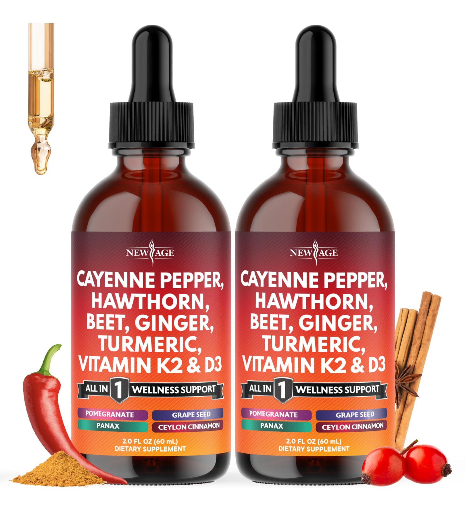 Cayenne Pepper Supplement Liquid Drops + Hawthorn Berry Vitamin D3 K2 Beet Root Powder Ceylon Cinnamon Turmeric Curcumin Organic Panax Ginseng - 4oz 2 Fl Oz (Pack of 2) - Buy Online on GoSupps.com