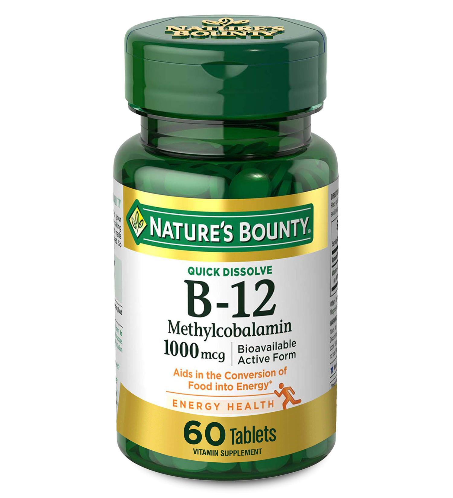Natures Bounty Vitamin B12 1000mcg Quick Dissolve Supplement for Energy and Nervous System Health - 60 Tablets - Buy Online on GoSupps.com