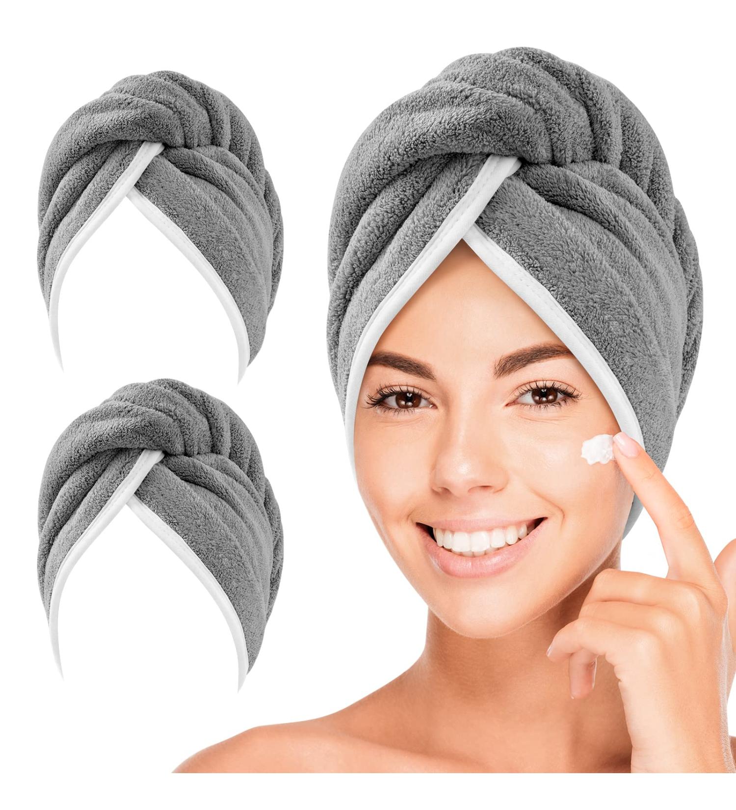 2 Pack Microfiber Hair Towels Wrap for Women - Fast Drying Hair Turbans with Button - Soft & Anti Frizz - Grey - Buy Online on GoSupps.com