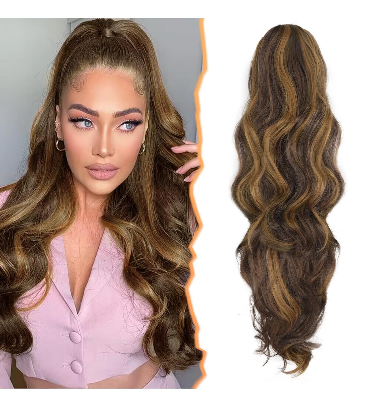 BARSDAR Long Wavy Ponytail Extension Claw Clip - 20'' Brown with Golden Auburn Highlights | Synthetic Hairpiece for Women & Girls - Perfect for Daily Use & Parties - Buy Online on GoSupps.com