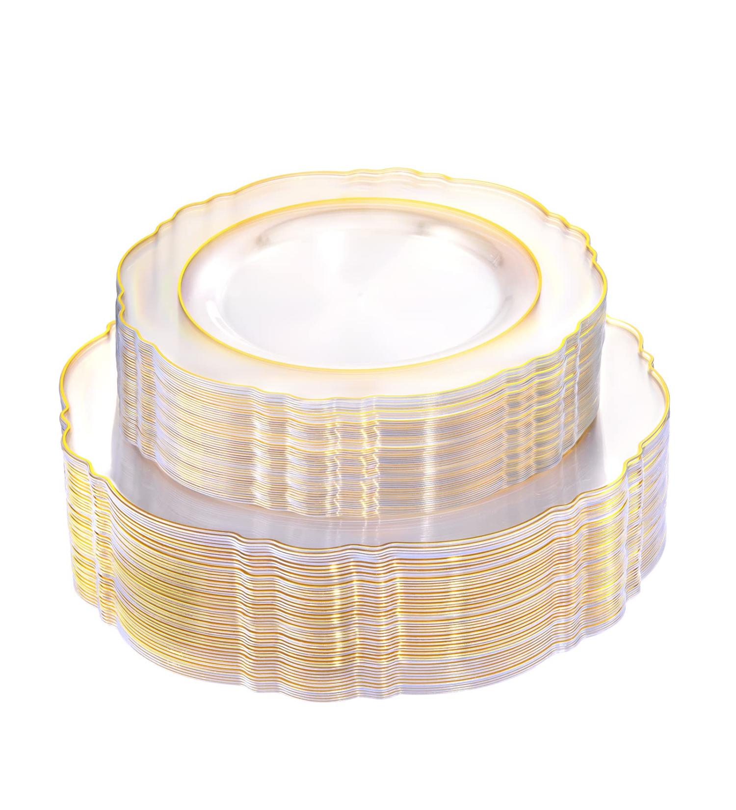 WDF 100pcs Clear Plastic Plates With Gold Trim - Elegant Disposable Plates for Parties or Weddings - Includes 50 Dinner Plates and 50 Salad Plates in Clear Gold - Buy Online on GoSupps.com