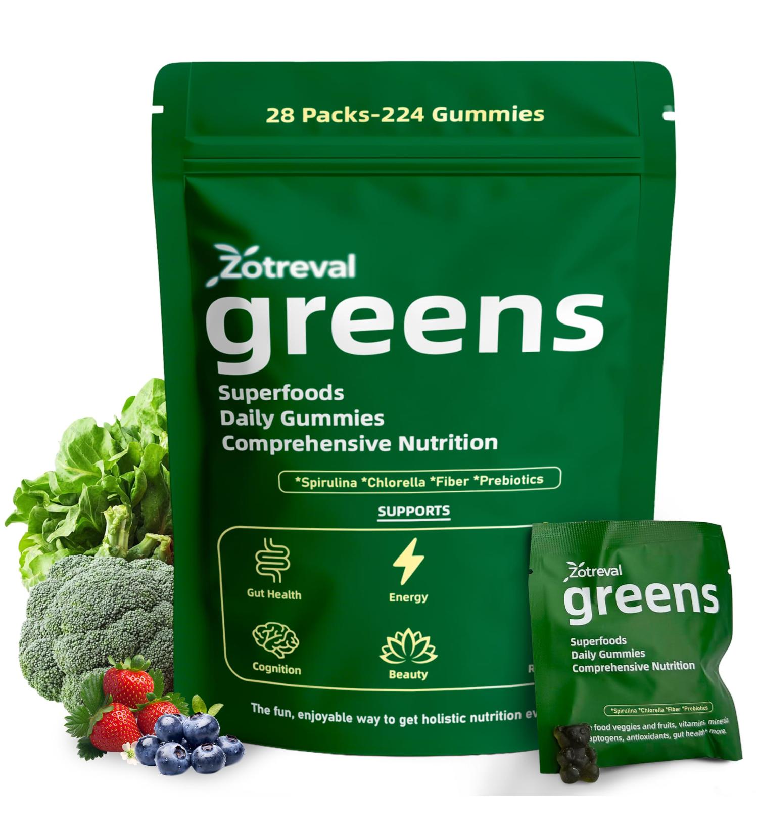 Zotreval Daily Greens Superfood Green Gummies Packets - Digestive & Gut Health Chlorella and Spirulina Supplement with 20+ Organic Prebiotics Fiber Vitamins & Minerals - 224 Low Sugar Gummy - Buy Online on GoSupps.com