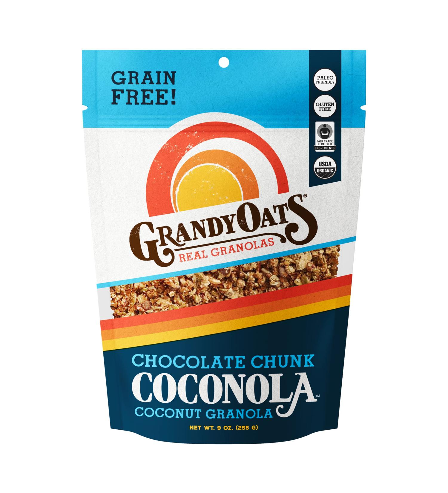 GrandyOats Coconola Gluten Free Granola - Certified Organic, Non-GMO, Grain Free, Paleo Friendly, Low Carb and Low Sugar (Chocolate Chunk, 1 Pack)