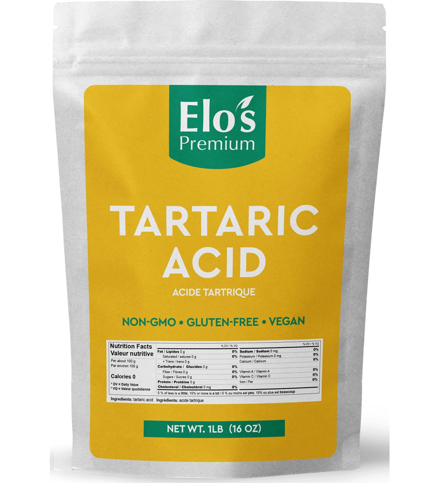 Tartaric acid (1lb) by Elo s Premium |100% All-Natural Food Grade Food Additive & Antioxidant| Packed In Canada| Non-GMO Kosher and Halal Friendly Gluten Free| Used As An Acidulant In Grape/Lime Drinks Gelatin Desserts Jams Sour Candy and More - Buy Online on GoSupps.com
