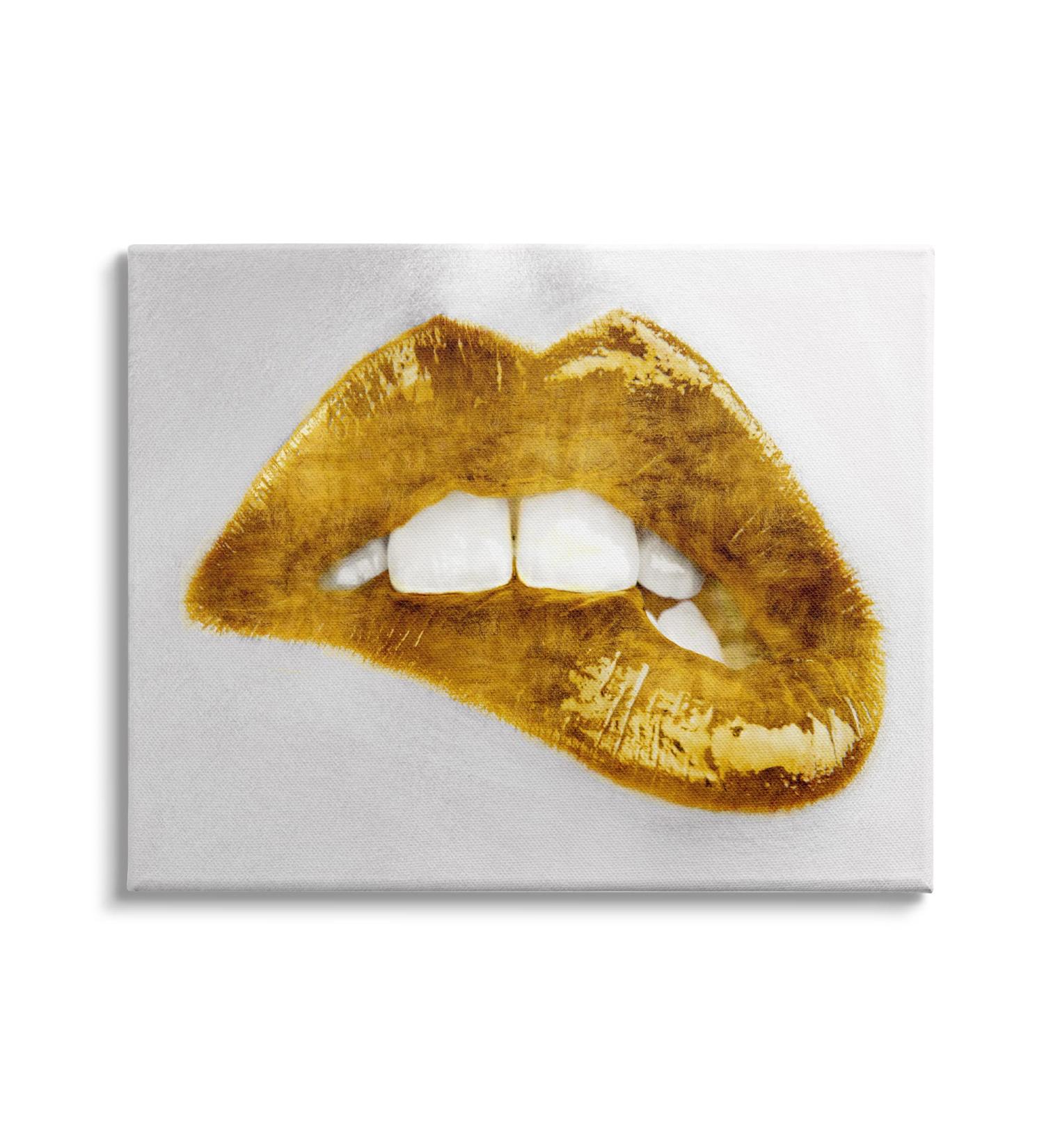Modern Yellow Fashion Lip Bite Glam Photography by Sarah McGuire Canvas Wall Art - 48x36 Silver - Buy Online on GoSupps.com