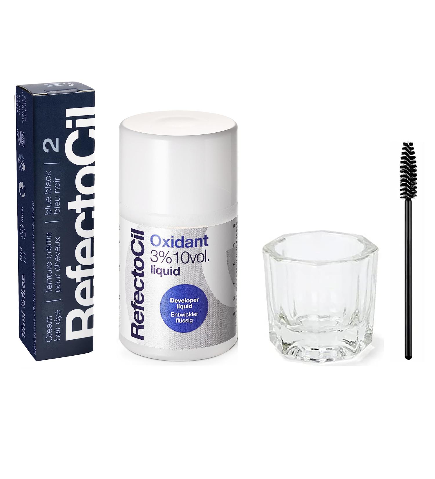 RefectoCil Hair Tinting Kit Includes Cream Hair Dye + Liquid Oxidant 3% + Mixing Brush & Mixing Dish #2 Blue Black