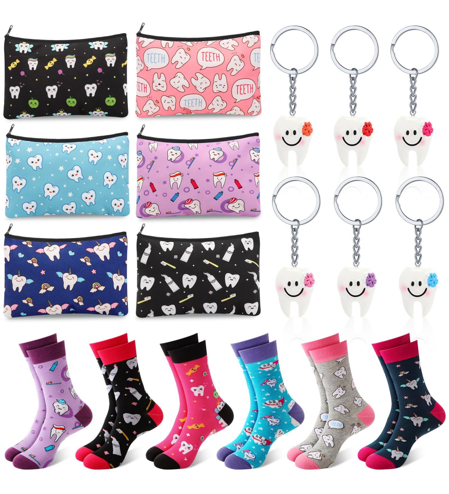 ZHEHAO 18-Part Funny Tooth Hygienist Gift Set - Cute Dentist Gifts Novelty Socks Travel Bag & Keychain | Perfect for Dental Care Enthusiasts - Buy Online on GoSupps.com