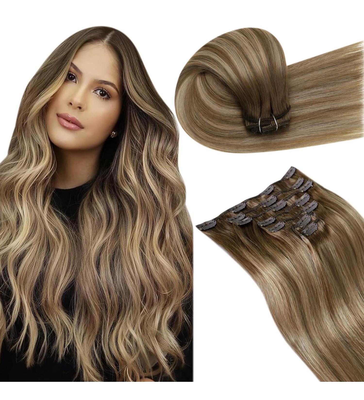 LAAVOO Clip In Double Brown Balayage Real Hair Extensions - 60cm 105g 7pcs Remy Ombre #8/16/8 for a Full Head Look - Buy Online on GoSupps.com