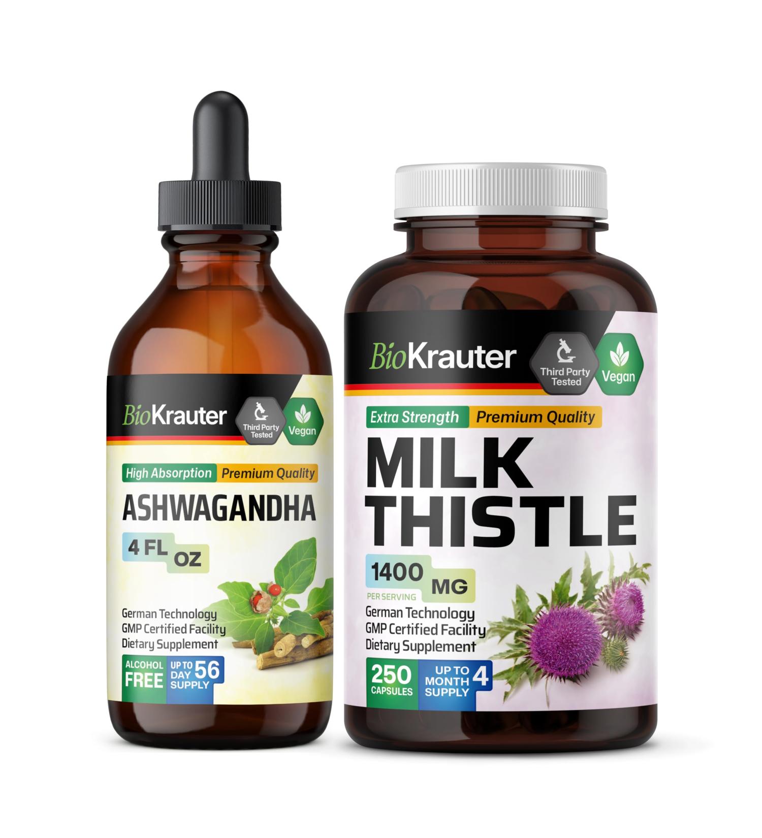 BIO KRAUTER Ashwagandha Tincture 4 Fl. Oz. & Milk Thistle 250 Capsules - Buy Online on GoSupps.com