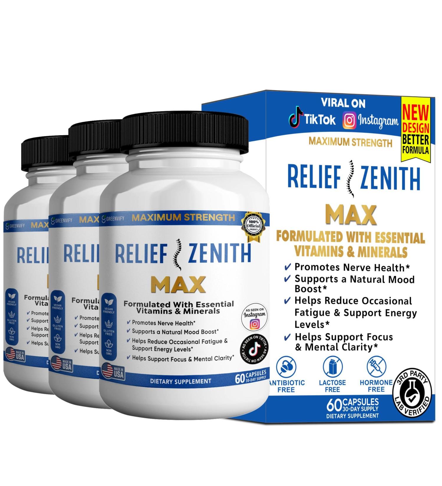 GREENVIFY Relief Zenith Max Dietary Supplement Nerve Health & Mood Support 60 Capsules 30-Day Supply (3) - Buy Online on GoSupps.com