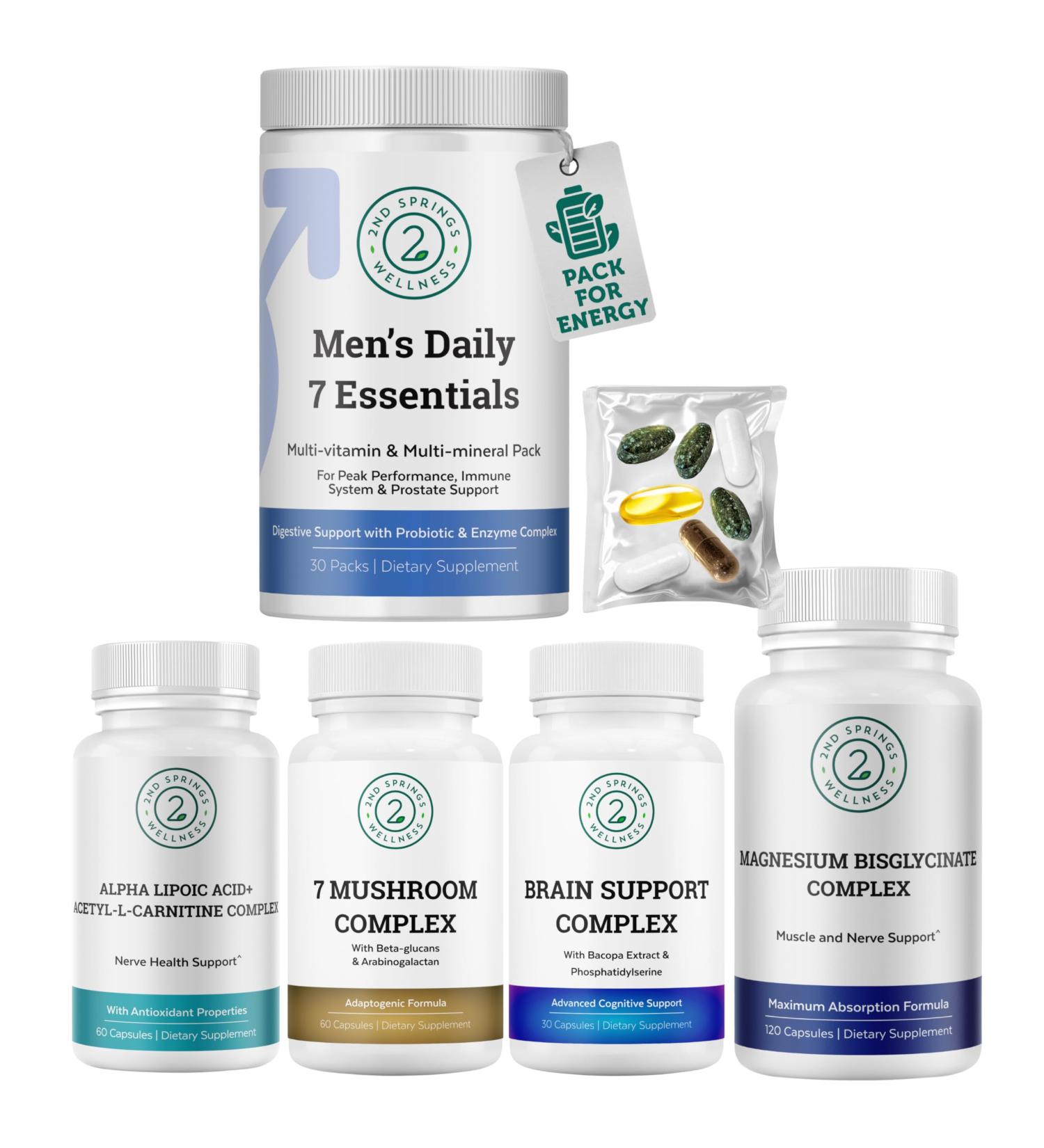 2nd Springs Men s Daily 7 Essentials + ALA & ALC Complex + 7 Mushroom Complex + Brain Support + Magnesium Bisglycinate Bundle | Energy Focus Immunity Strength Cognitive Support & Daily Wellness - Buy Online on GoSupps.com