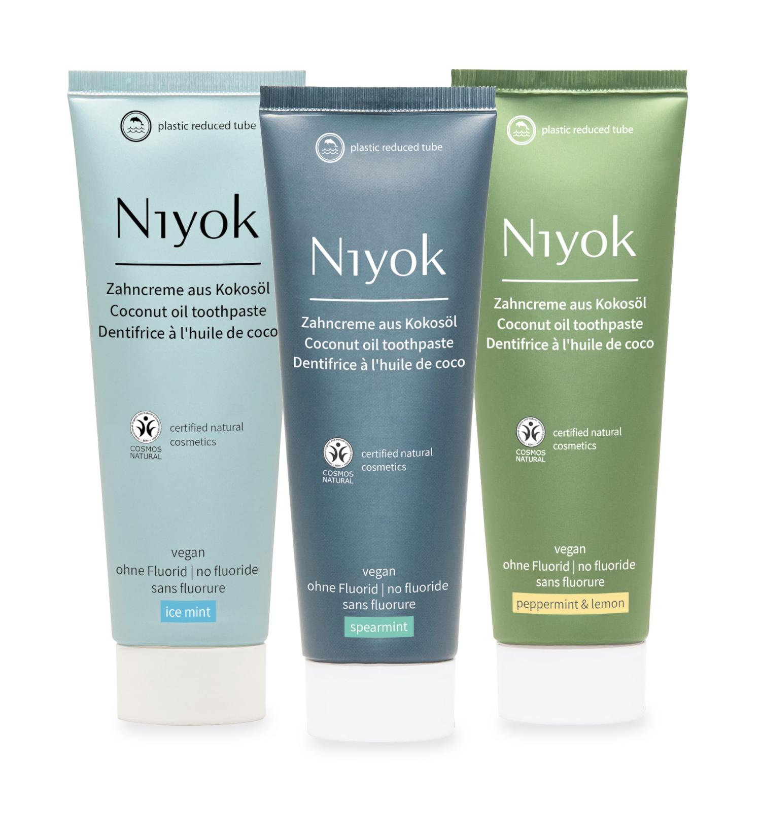 Niyok Organic Coconut Oil Toothpaste (3x75ml) - Fluoride-Free Intense Care & Freshness in Ice Mint Spearmint & Peppermint Flavors - International Shipping Available - Buy Online on GoSupps.com