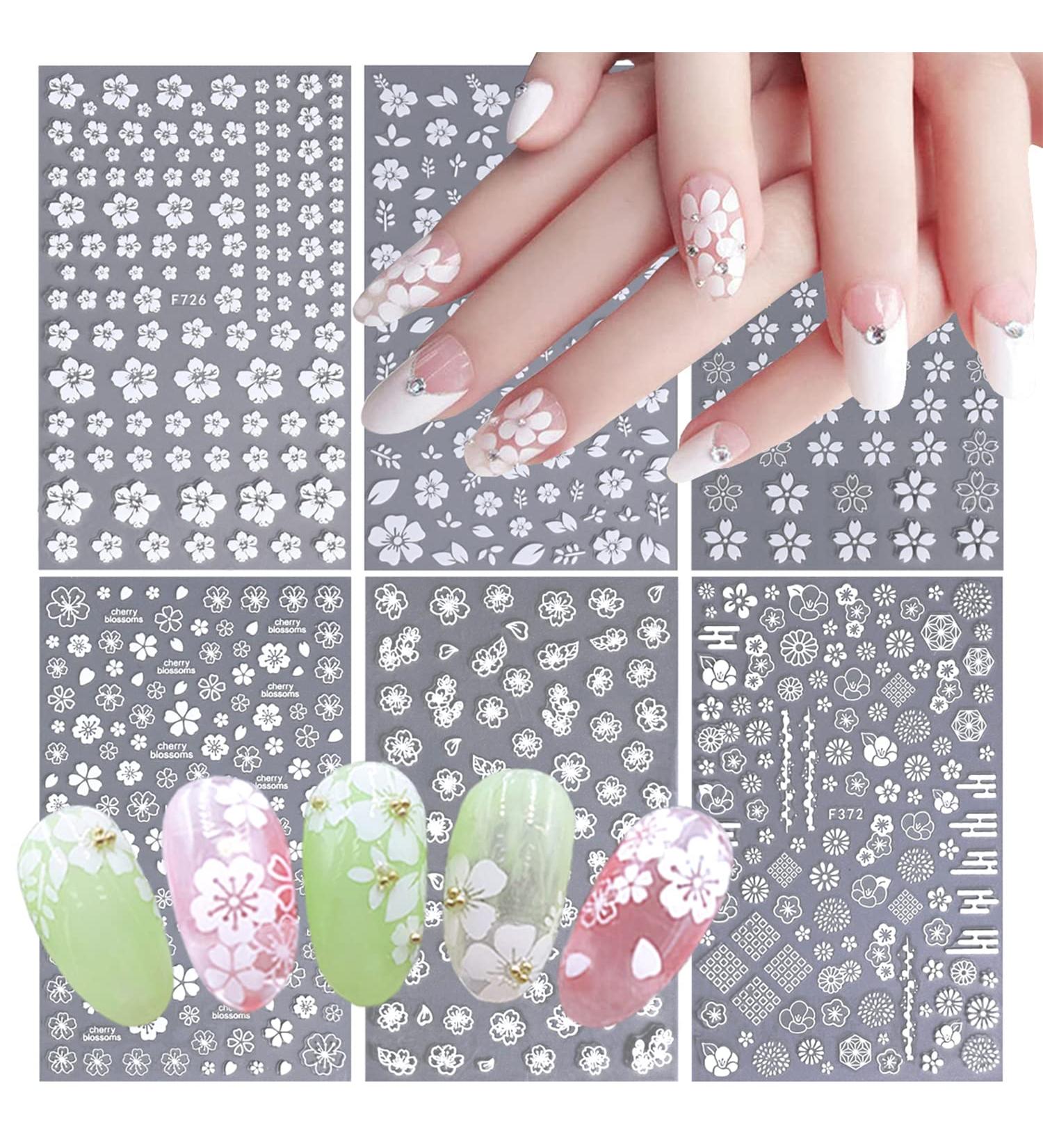 White Flower Nail Decals | Cherry Blossom Leaves Nail Stickers | 3D Self-Adhesive Nail Art Supplies - Buy Online on GoSupps.com