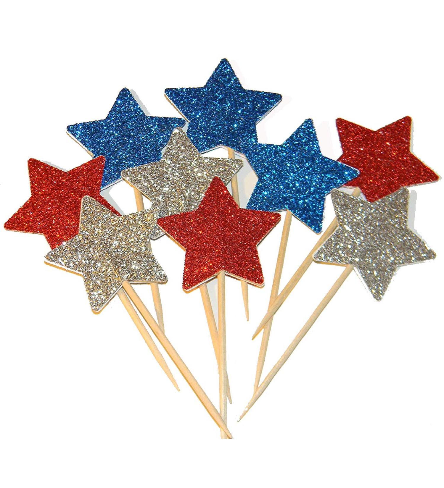 36 Pieces Glitter Star 4th of July cupcake toppers Glitter Gold Star Cakes Toppers for Independence Day 4th of July Party Supplies Favors(Blue Red White) - Buy Online on GoSupps.com