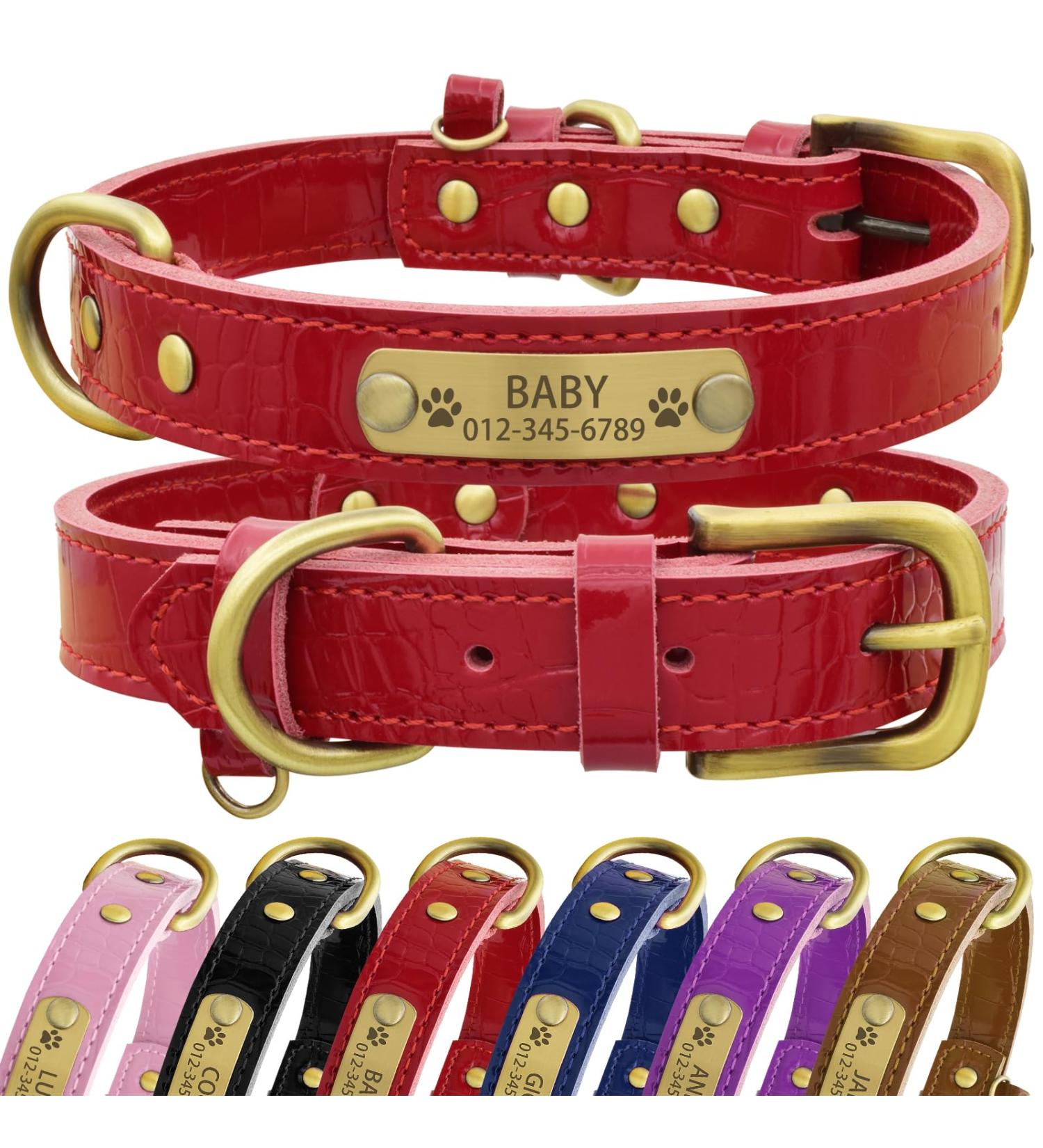 Senristar Personalized Leather Dog Collar - Engraved Name Tag Stylish & Durable for Small to Large Dogs (M Red) - Buy Online on GoSupps.com