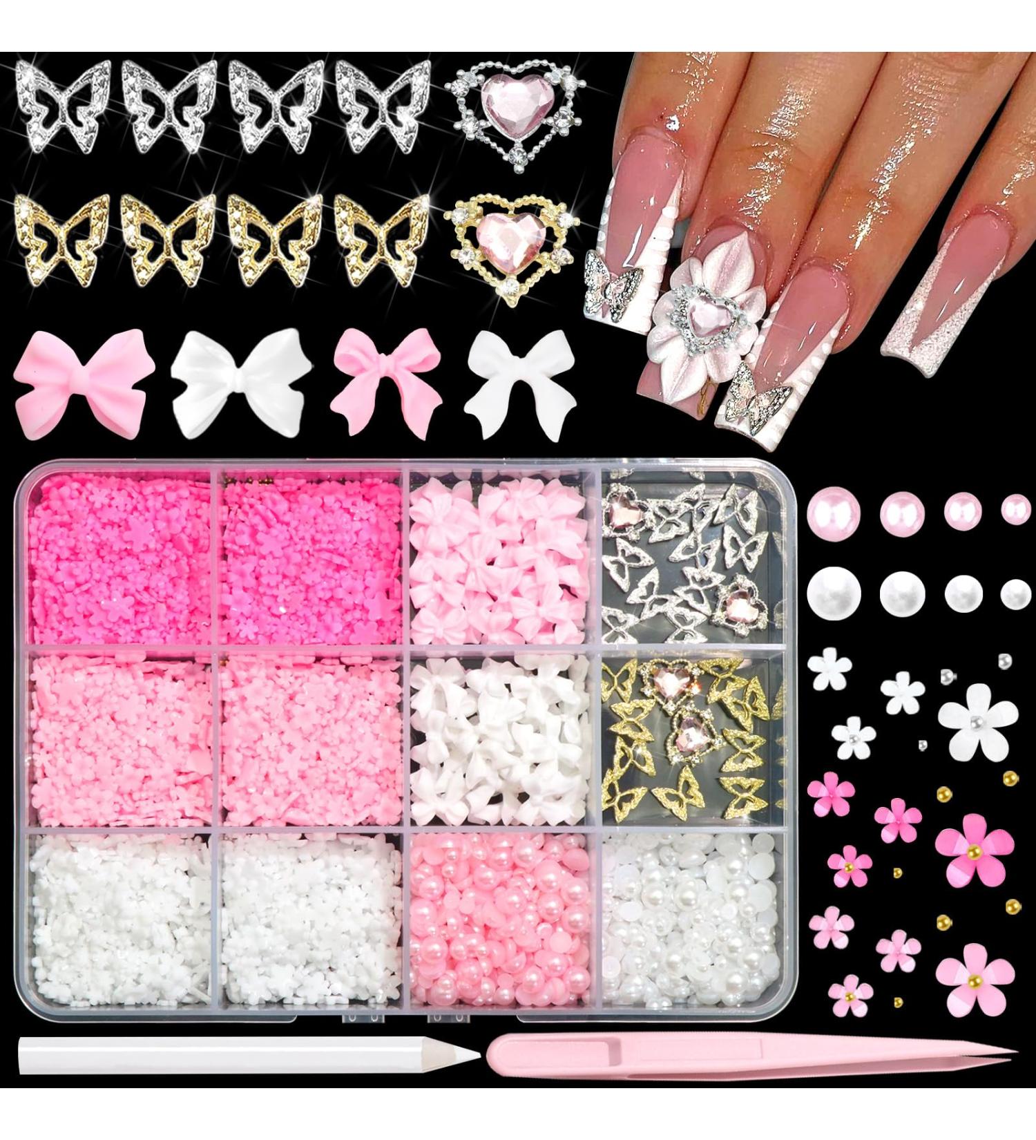 BELICEY 1000PCS 3D Nail Charms - Cute Butterfly Bow Star Heart & Moon Designs for Nail Art DIY - Includes Picker Pencil & Tweezer - Pink & White Flower Collection - Buy Online on GoSupps.com