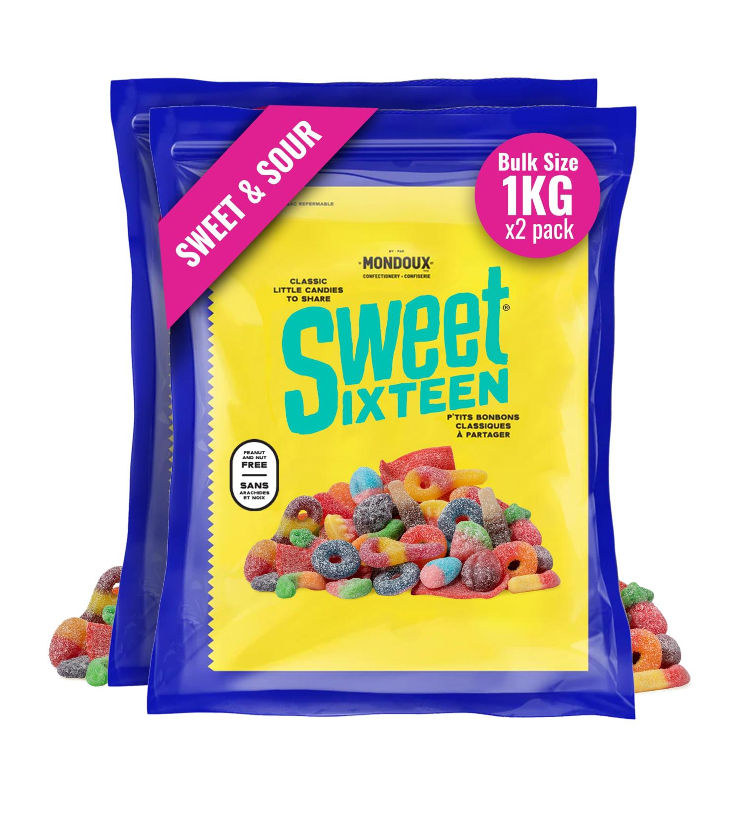 Sweet Sixteen Sweet and Sour Candy Classic Mix of Sour-Coated Gummies 2 packs x 1kg Peanut & Nut-Free Candies Soft Chewy and Always Fresh 1 kg (Pack of 2) - Buy Online on GoSupps.com