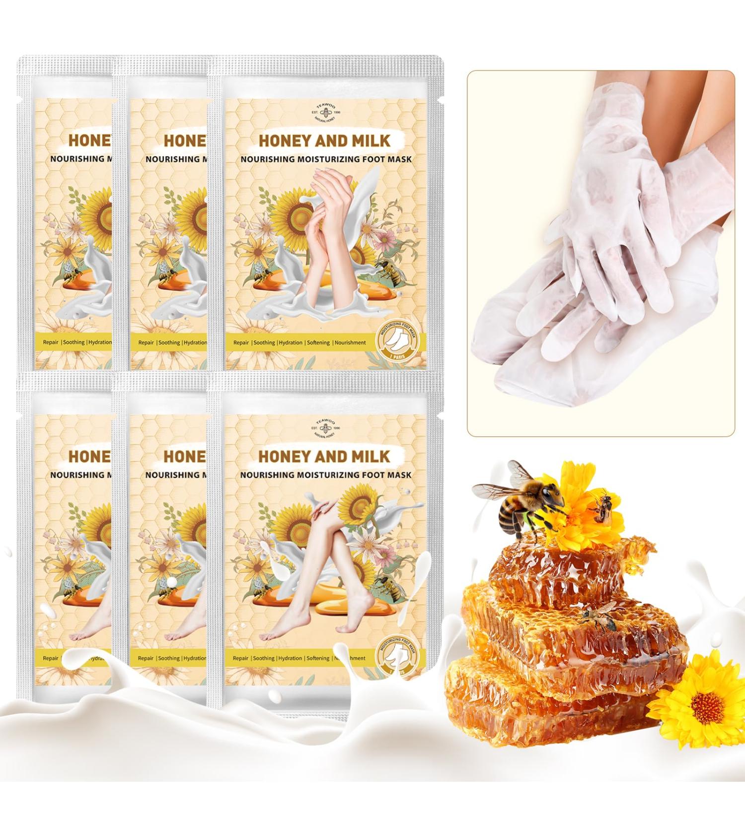 Hydrating Hand & Foot Mask Set - 3 Socks & 3 Masks for Moisturizing Dry Skin Cracked Heels - Nourishing Honey Milk & Vitamin E Treatment - Buy Online on GoSupps.com