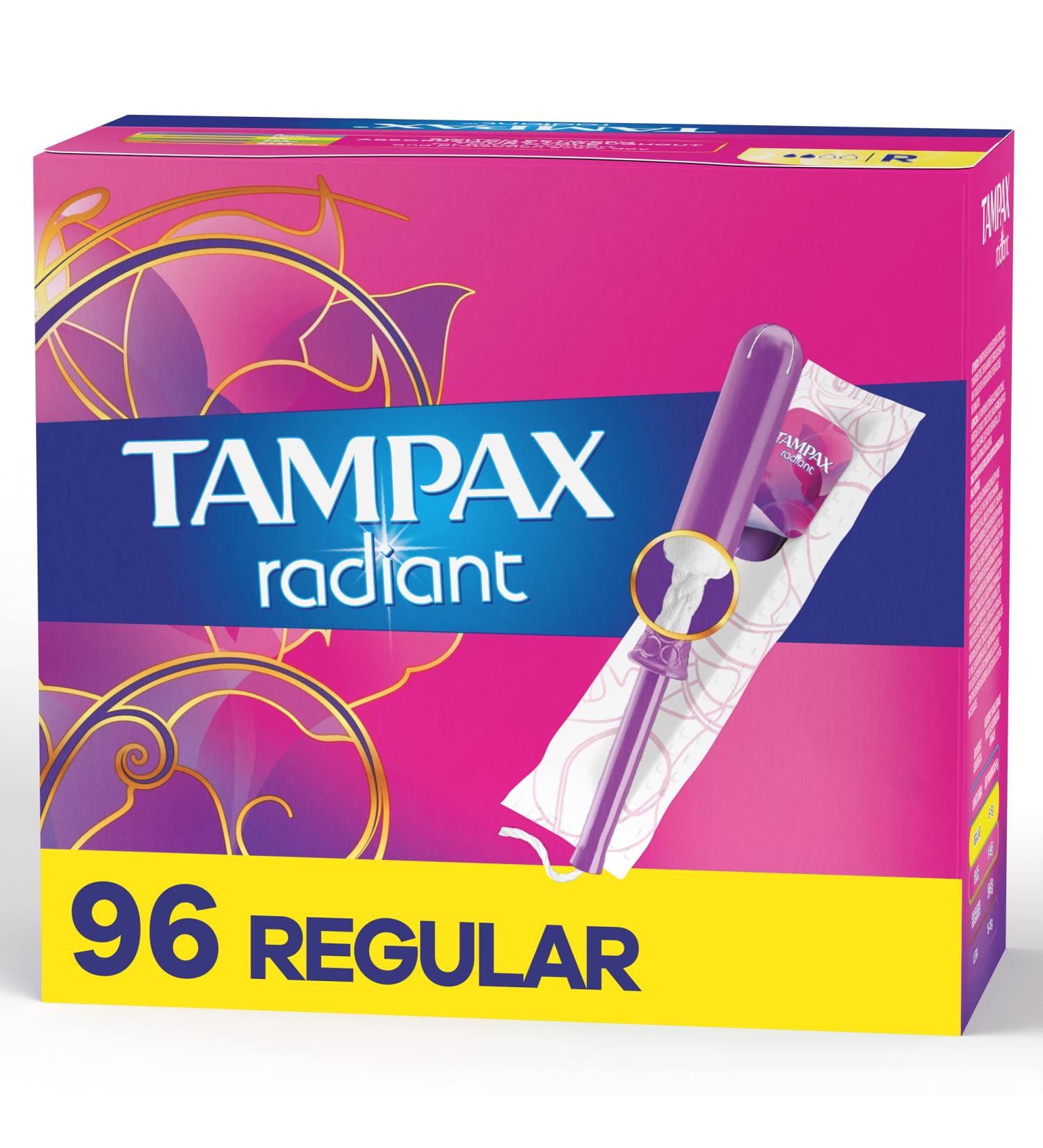 Tampax Radiant Tampons Regular Absorbency 96ct - BPA-Free Applicator, LeakGuard Braid | Unscented - Buy Online on GoSupps.com