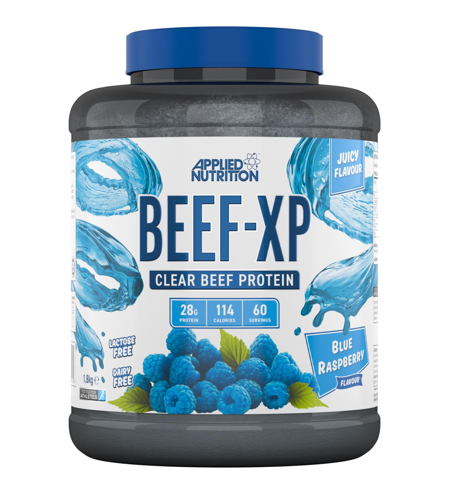 Applied Nutrition Beef XP - Clear Hydrolysed Beef Protein Isolate Fruit Juice Style Dairy Free Beef Protein Powder Lactose Free Zero Sugar Low Fat 1.8kg - 60 Servings (Blue Raspberry) Raspberry 1.8Kg (Pack of 1) - Buy Online on GoSupps.com