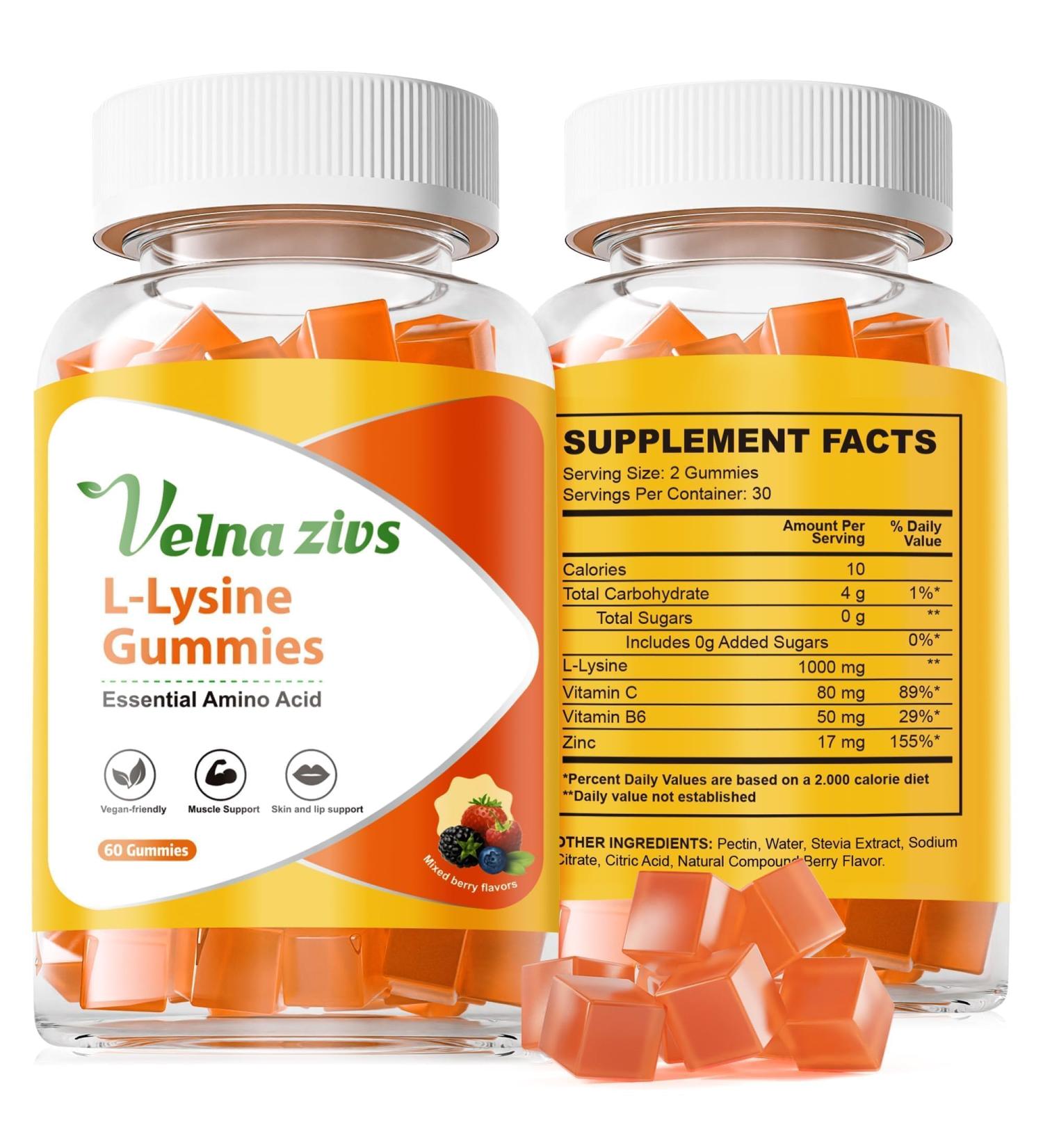 Chewable Lysine Gummies 1000mg for Adults Sugar Free Cold Sore Treatment Immune Support with Vitamin Skin and Lips Health Vegan Non-GMO - 60 Counts 60 Count (Pack of 1) - Buy Online on GoSupps.com